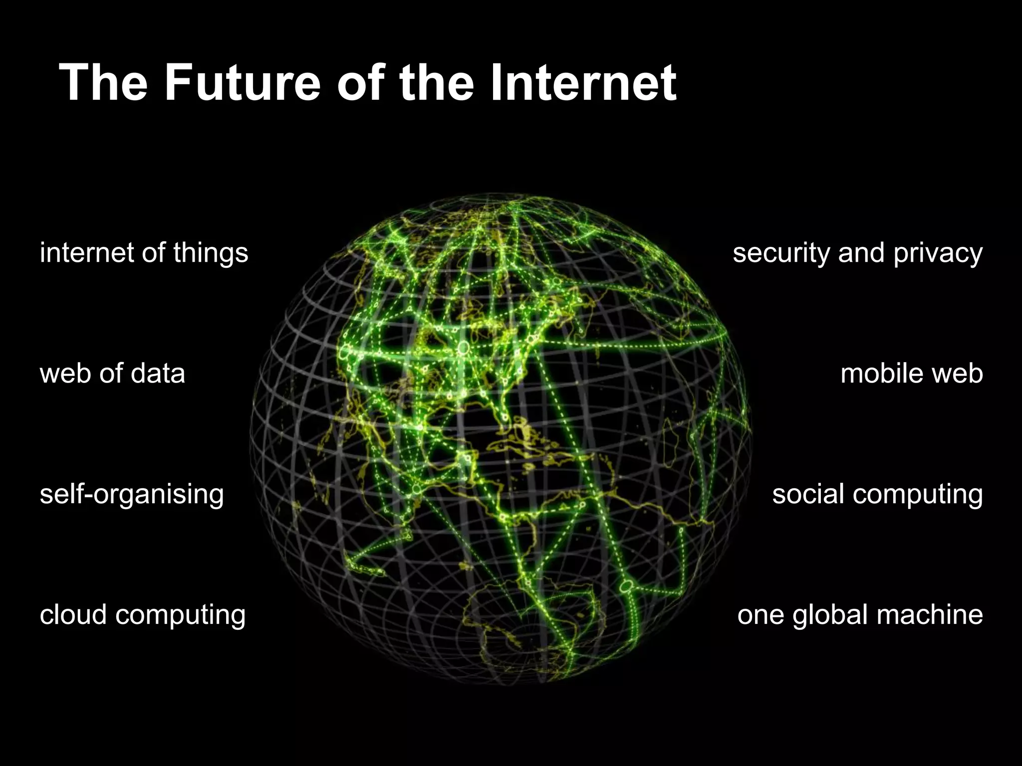 The Future of the Internet


internet of things            security and privacy



web of data                           mobile web



self-organising                  social computing



cloud computing               one global machine
 
