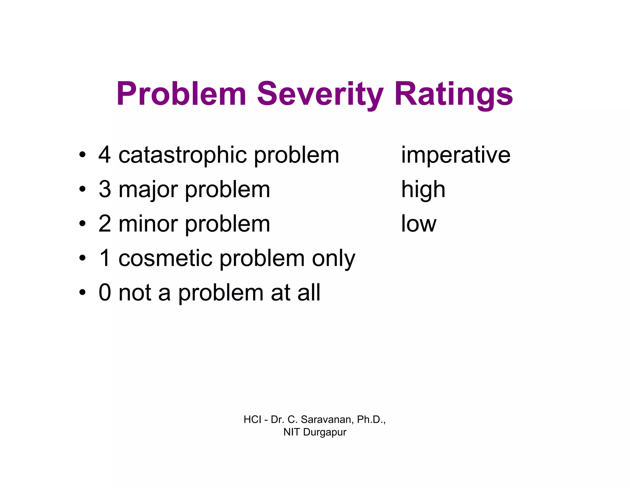 HCI - Dr. C. Saravanan, Ph.D.,
NIT Durgapur
Problem Severity Ratings
imperative
high
low
• 4 catastrophic problem
• 3 major problem
• 2 minor problem
• 1 cosmetic problem only
• 0 not a problem at all
 