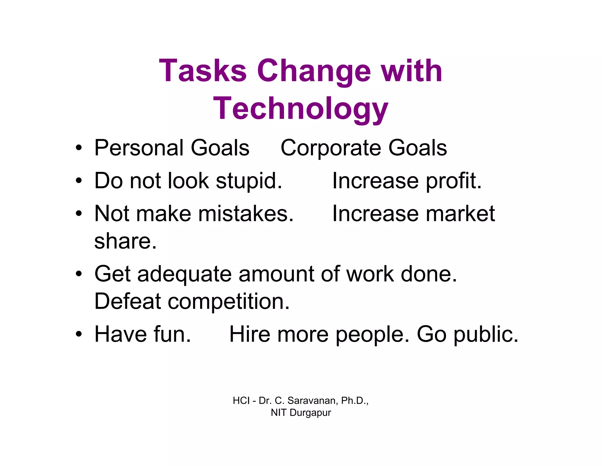 HCI - Dr. C. Saravanan, Ph.D.,
NIT Durgapur
Tasks Change with
Technology
• Personal Goals Corporate Goals
Increase profit.
Increase market
• Do not look stupid.
• Not make mistakes.
share.
• Get adequate amount of work done.
Defeat competition.
• Have fun. Hire more people. Go public.
 