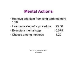 HCI - Dr. C. Saravanan, Ph.D.,
NIT Durgapur
Mental Actions
• Retrieve one item from long-term
1.20
memory
• Learn one step of a procedure 25.00
• Execute a mental step 0.075
• Choose among methods 1.20
 