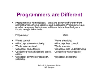 HCI - Dr. C. Saravanan, Ph.D.,
NIT Durgapur
Programmers are Different
• Programmers (“homo logicus”) think and behave differently from
normal humans (homo sapiens) and most users. Programmers are
good at designing the inside of software, interaction designers
should design the outside.
• Programmer User
Wants simplicity,
will accept less control.
Wants success,
will accept less understanding.
Concerned with probable
will accept occasional
• Wants control,
• will accept some complexity.
• Wants to understand,
• will accept some failure.
• Concerned with all possible cases,
cases,
• will accept advance preparation.
setbacks.
 