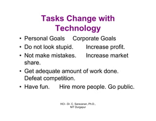 HCI - Dr. C. Saravanan, Ph.D.,
NIT Durgapur
Tasks Change with
Technology
• Personal Goals Corporate Goals
Increase profit.
Increase market
• Do not look stupid.
• Not make mistakes.
share.
• Get adequate amount of work done.
Defeat competition.
• Have fun. Hire more people. Go public.
 