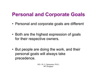 HCI - Dr. C. Saravanan, Ph.D.,
NIT Durgapur
Personal and Corporate Goals
• Personal and corporate goals are different
• Both are the highest expression of goals
for their respective owners.
• But people are doing the work, and their
personal goals will always take
precedence.
 
