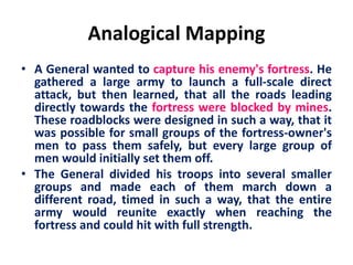 Analogical Mapping
• A General wanted to capture his enemy's fortress. He
gathered a large army to launch a full-scale direct
attack, but then learned, that all the roads leading
directly towards the fortress were blocked by mines.
These roadblocks were designed in such a way, that it
was possible for small groups of the fortress-owner's
men to pass them safely, but every large group of
men would initially set them off.
• The General divided his troops into several smaller
groups and made each of them march down a
different road, timed in such a way, that the entire
army would reunite exactly when reaching the
fortress and could hit with full strength.
 