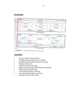 47
Predictability
sequentially
• The eye trends to be attracted to :
• A brighter element before one less bright
• Isolated elements before elements in a group
• Graphics before text
• Color before black and white
• Highly saturated colors before those less saturated.
• Dark areas before light areas
• A big element before a small one
• An unusual shape before a usual one
• Big objects before little objects
 