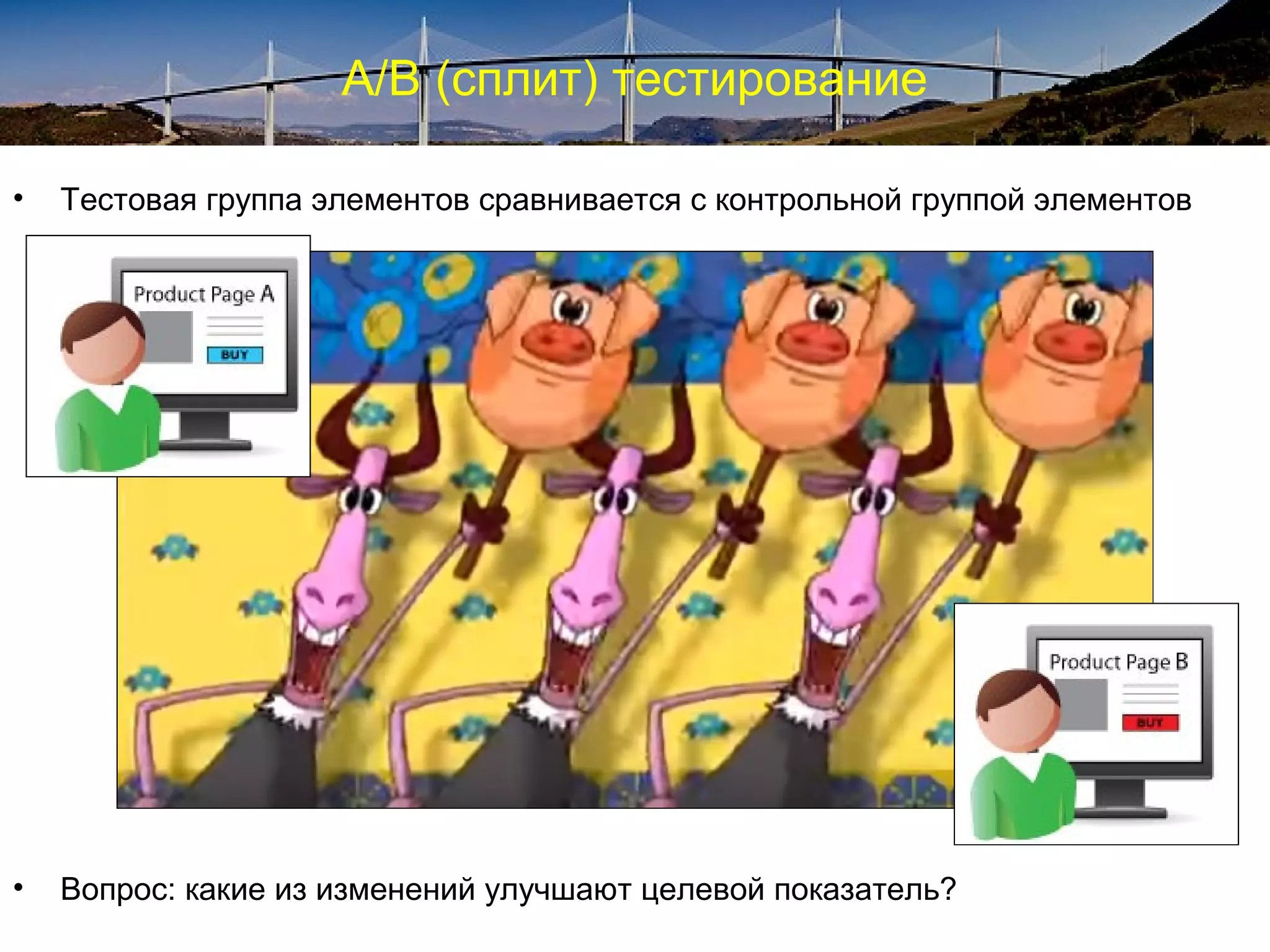 A/B (сплит) тестирование
• Тестовая группа элементов сравнивается с контрольной группой элементов
• Вопрос: какие из изменений улучшают целевой показатель?
 