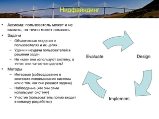 Нидфайндинг
• Аксиома: пользователь может и не
сказать, но точно может показать
• Задачи
– Объективные сведения о
пользователях и их целях
– Удачи и неудачи пользователей в
решении задач
– Не «как» они используют систему, а
«что» они пытаются сделать!
• Методы
– Интервью (собеседование в
контексте использования системы
или о том, как они решают задачи)
– Наблюдение (как они сами
используют систему)
– Участие (пользователь прямо входит
в команду разработки)
Design
Implement
Evaluate
 