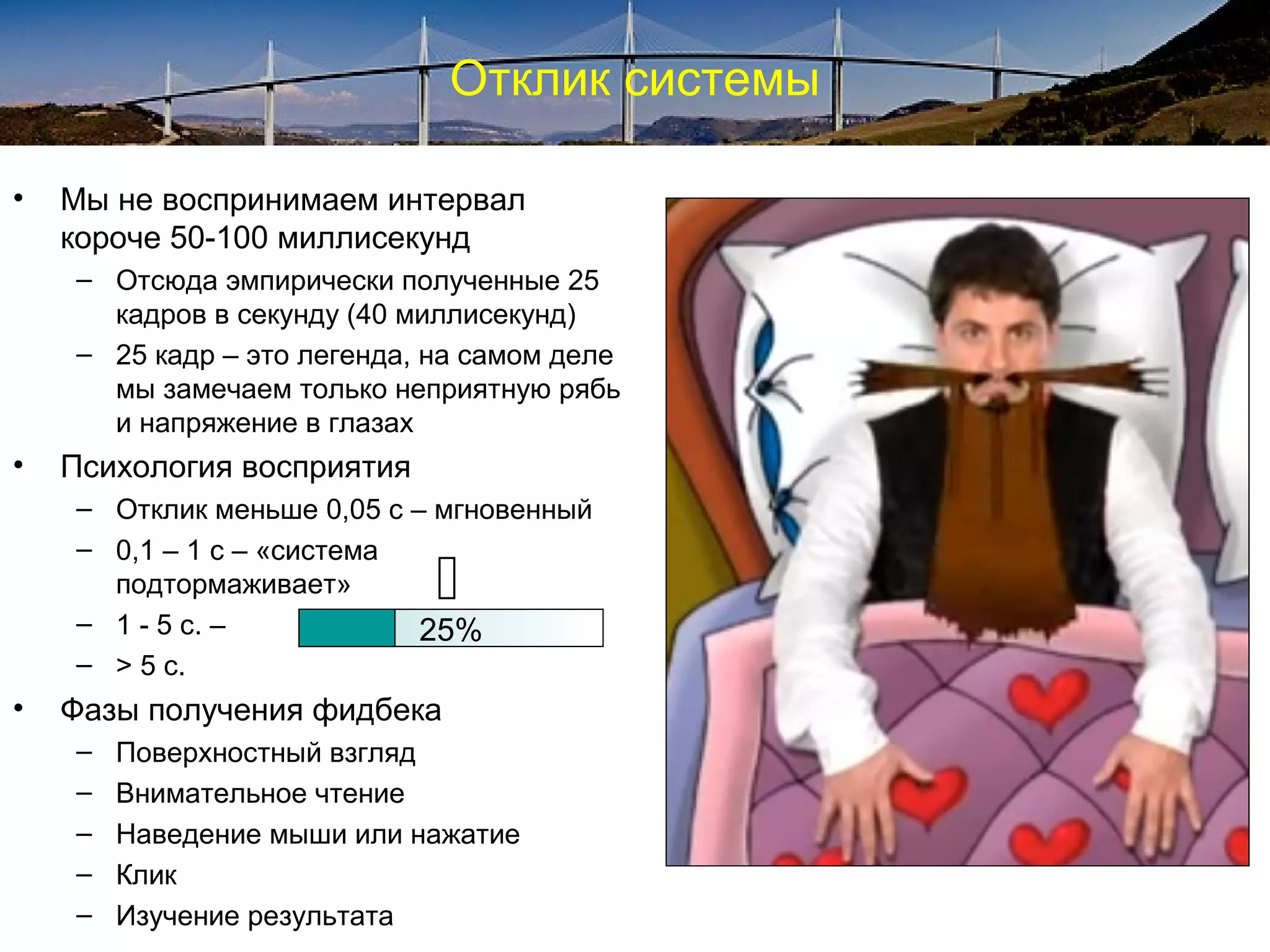 Отклик системы
• Мы не воспринимаем интервал
короче 50-100 миллисекунд
– Отсюда эмпирически полученные 25
кадров в секунду (40 миллисекунд)
– 25 кадр – это легенда, на самом деле
мы замечаем только неприятную рябь
и напряжение в глазах
• Психология восприятия
– Отклик меньше 0,05 с – мгновенный
– 0,1 – 1 с – «система
подтормаживает»
– 1 - 5 с. –
– > 5 с.
• Фазы получения фидбека
– Поверхностный взгляд
– Внимательное чтение
– Наведение мыши или нажатие
– Клик
– Изучение результата

25%
 