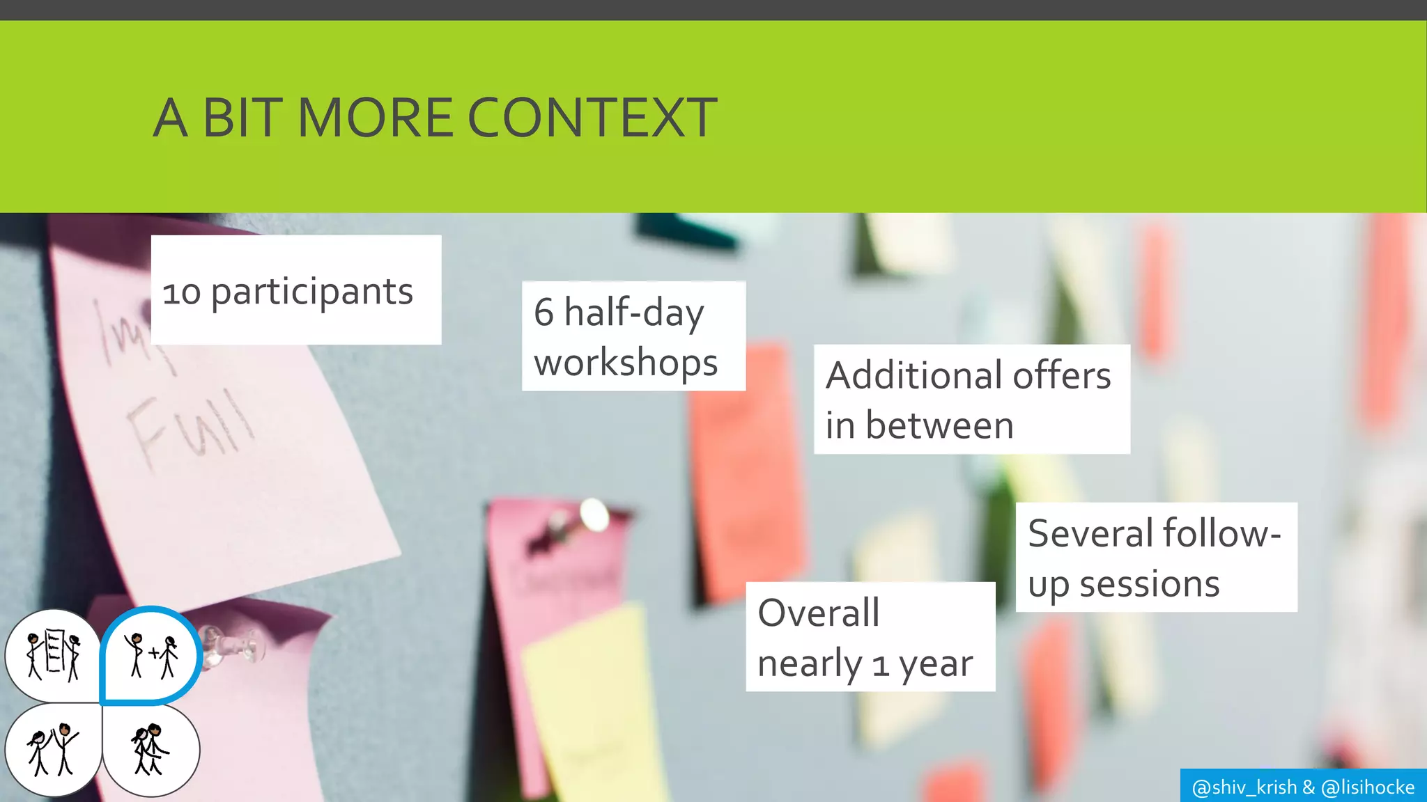@shiv_krish & @lisihocke
A BIT MORE CONTEXT
10 participants
6 half-day
workshops
Overall
nearly 1 year
Additional offers
in between
Several follow-
up sessions
 