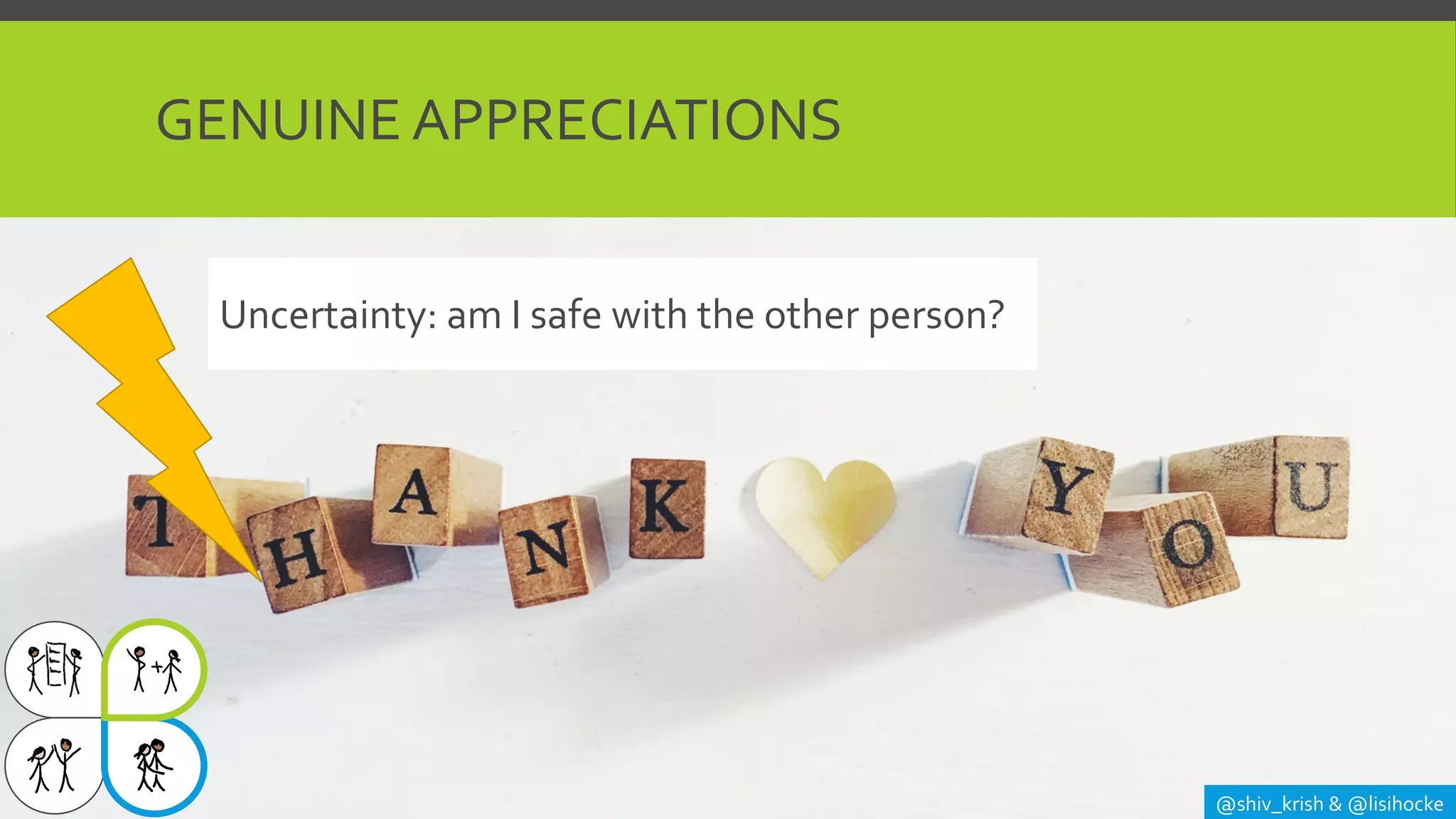 GENUINE APPRECIATIONS
@shiv_krish & @lisihocke
Uncertainty: am I safe with the other person?
 