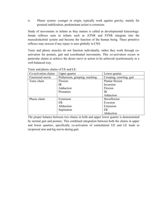 ii. Phasic system: younger in origin, typically work against gravity, mainly for
postural stabilization, predominant action is extension.
Study of movements in infants as they mature is called as developmental kinesiology.
Innate reflexes seen in infants such as ATNR and STNR integrate into the
musculoskeletal system and become the function of the human being. These primitive
reflexes may reoccur if any injury is seen globally in CNS.
Tonic and phasic muscles do not function individually, rather they work through co-
activation for posture, gait and coordinated movements. This co-activation occurs in
particular chains to achieve the desire movt or action to be achieved synchronously in a
well balanced way.
Tonic and phasic chains of UE and LE:
Co-activation chains Upper quarter Lower quarter
Functional movts Prehension, grasping, reaching. Creeping, crawling, gait
Tonic chain Flexion
IR
Adduction
Pronation
Plantar flexion
Inversion
Flexion
IR
Adduction
Phasic chain Extension
ER
Abduction
Supination
Dorsiflexion
Eversion
Extension
ER
Abduction
The proper balance between two chains in both and upper lower quarter is demonstrated
by normal gait and posture. This combined integration between both the chains in upper
and lower quarters, specifically co-activation of contralateral UE and LE leads to
reciprocal arm and leg movts during gait.
 