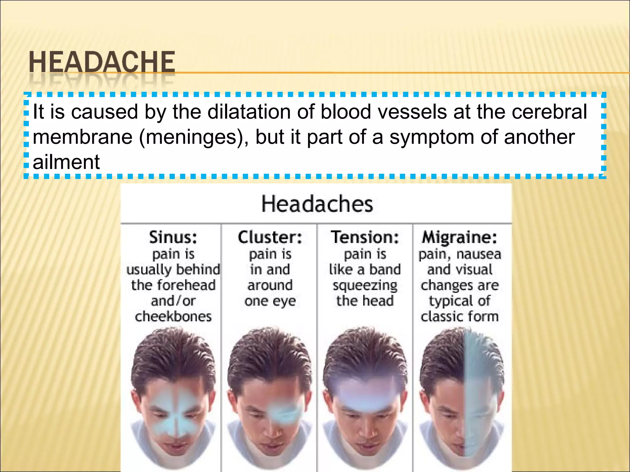It is caused by the dilatation of blood vessels at the cerebral
membrane (meninges), but it part of a symptom of another
ailment