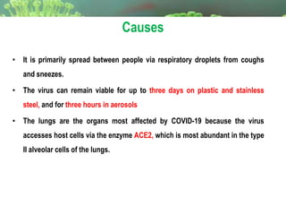 Causes
• It is primarily spread between people via respiratory droplets from coughs
and sneezes.
• The virus can remain viable for up to three days on plastic and stainless
steel, and for three hours in aerosols
• The lungs are the organs most affected by COVID-19 because the virus
accesses host cells via the enzyme ACE2, which is most abundant in the type
II alveolar cells of the lungs.
 