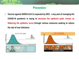 Prevention
• Vaccine against SARS-CoV-2 is expected by 2021, a key part of managing the
COVID-19 pandemic is trying to decrease the epidemic peak, known as
flattening the epidemic curve through various measures seeking to reduce
the rate of new infections
 