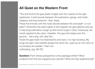 All Quiet on the Western Front
“The dull thud of the gas-shells mingles with the crashes of the light
explosives. A bell s...