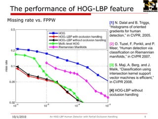 HOG-LBP featureWhy simple concatenation helps?Disadvantage of HOG:Focusing on edge, ignoring flat areaCan not deal with noisy edge region Advantage of Cell-LBP: Treat all the patterns equally Filter out noisy patterns using the concept of uniform patterns , i.e. vote all strings with more than k 0-1 transition into same bin.9/28/2009An HOG-LBP Human Detector with Partial Occlusion Handling7