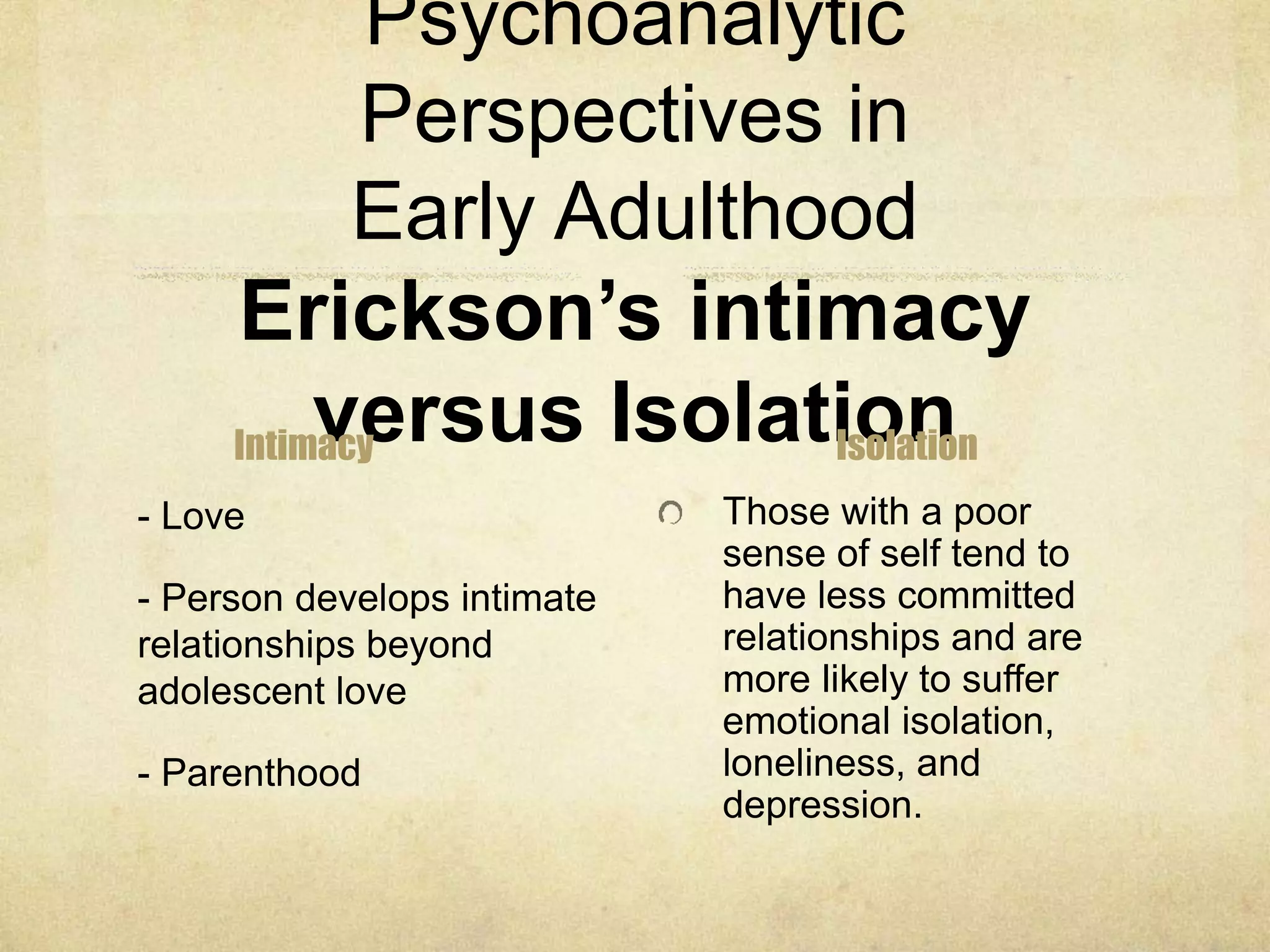 Psychoanalytic
Perspectives in
Early Adulthood
Erickson’s intimacy
versus IsolationIntimacy
- Love
- Person develops intimate
relationships beyond
adolescent love
- Parenthood
Isolation
Those with a poor
sense of self tend to
have less committed
relationships and are
more likely to suffer
emotional isolation,
loneliness, and
depression.
 