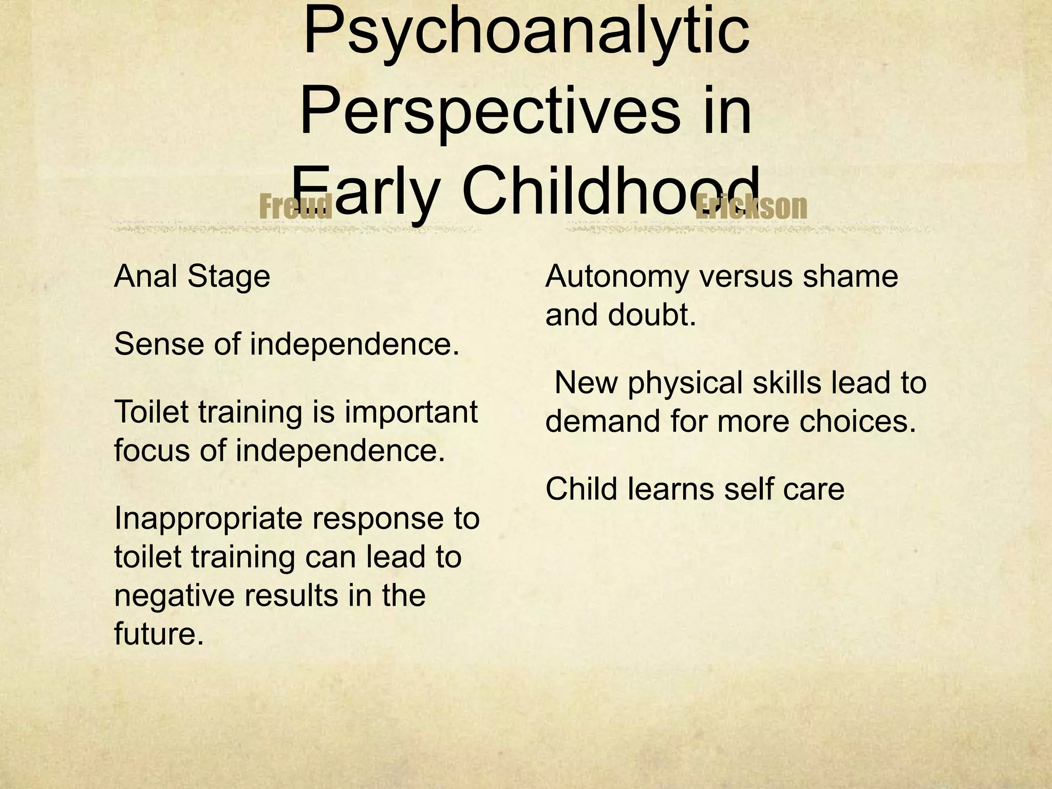 Psychoanalytic
Perspectives in
Early ChildhoodFreud
Anal Stage
Sense of independence.
Toilet training is important
focus of independence.
Inappropriate response to
toilet training can lead to
negative results in the
future.
Erickson
Autonomy versus shame
and doubt.
New physical skills lead to
demand for more choices.
Child learns self care
 