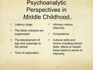 Psychoanalytic
Perspectives in
Middle ChildhoodFreud
Latency stage
The libido interests are
suppressed.
The development of
ego and superego to
the period.
Time of exploration.
Erickson
Intimacy versus
inferiority
Competence
Cultural skills and
norms including school
skills, failure to master
these leads to sense of
inferiority.
 