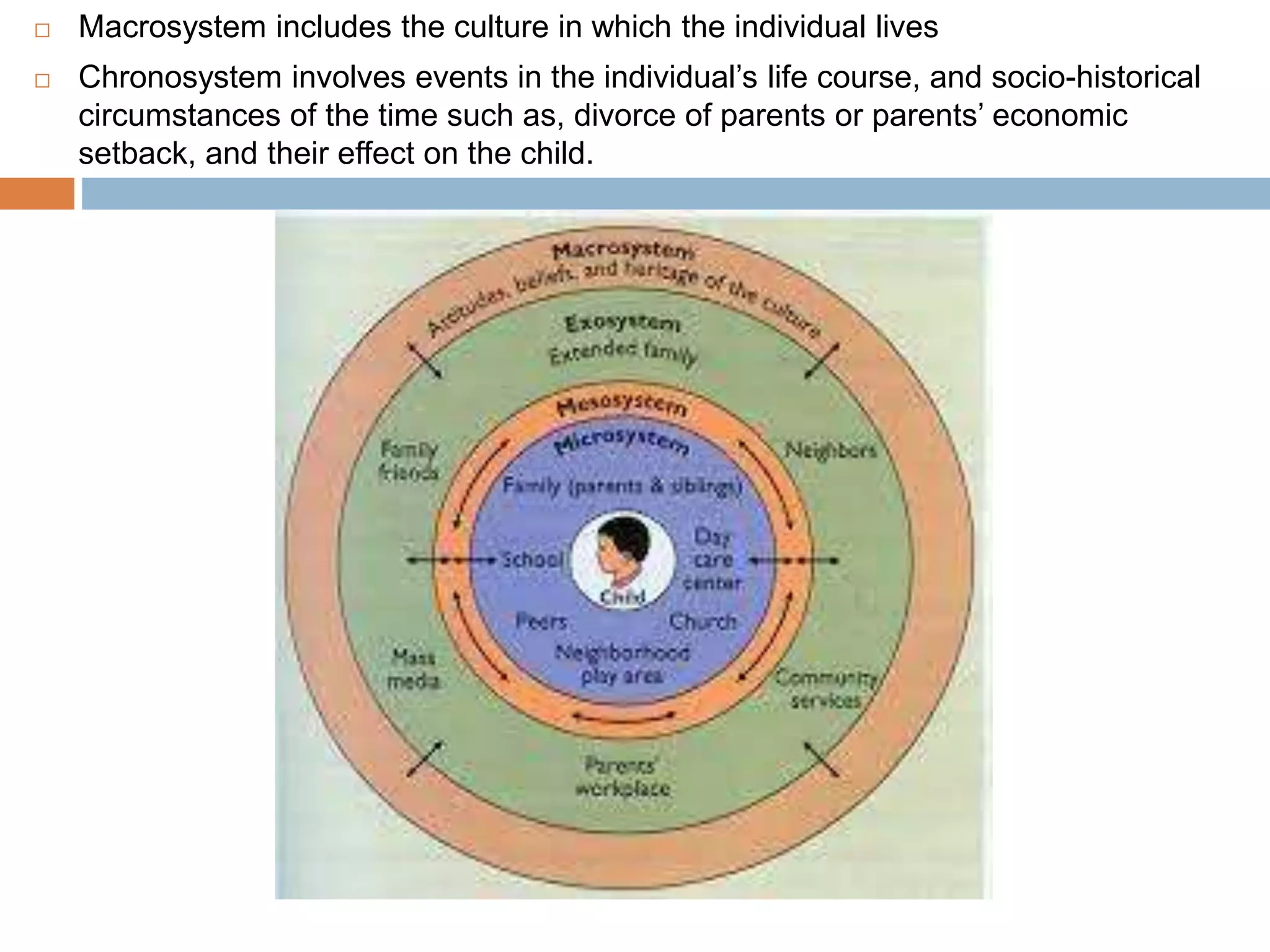  Macrosystem includes the culture in which the individual lives
 Chronosystem involves events in the individual’s life course, and socio-historical
circumstances of the time such as, divorce of parents or parents’ economic
setback, and their effect on the child.
 