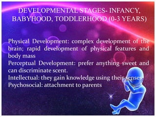 DEVELOPMENTAL STAGES- INFANCY,
BABYHOOD, TODDLERHOOD (0-3 YEARS)
Physical Development: complex development of the
brain; rapid development of physical features and
body mass
Perceptual Development: prefer anything sweet and
can discriminate scent.
Intellectual: they gain knowledge using their senses
Psychosocial: attachment to parents
 