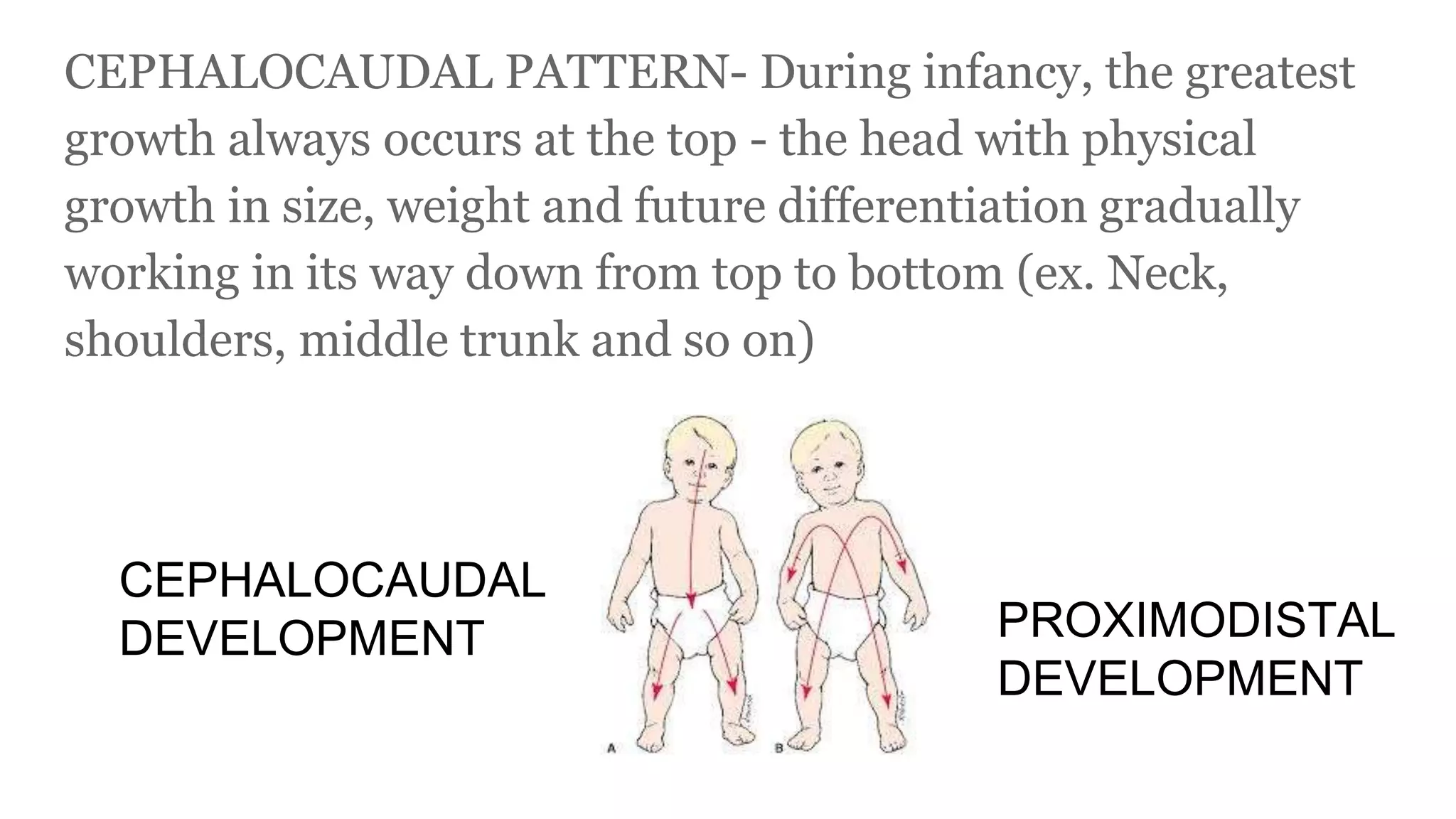 CEPHALOCAUDAL PATTERN- During infancy, the greatest
growth always occurs at the top - the head with physical
growth in size, weight and future differentiation gradually
working in its way down from top to bottom (ex. Neck,
shoulders, middle trunk and so on)
PROXIMODISTAL
DEVELOPMENT
CEPHALOCAUDAL
DEVELOPMENT
 