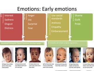 Emotions: Early emotions
BIRTH
PrimaryEmotions
Interest
Sadness
Disgust
Distress
HALFYEAR
6-8Months
Anger
Joy
Surprise
Fear
2YEARS
18-24Months:Self-ConsciousEmotions
Use social
standards
Jealousy
Empathy
Embarassment
3YEARS:
30-36months
Shame
Guilt
Pride
At 3 months can imitate caregiver expressions,Emotional Contagion: Detect emotions first few weeks
 