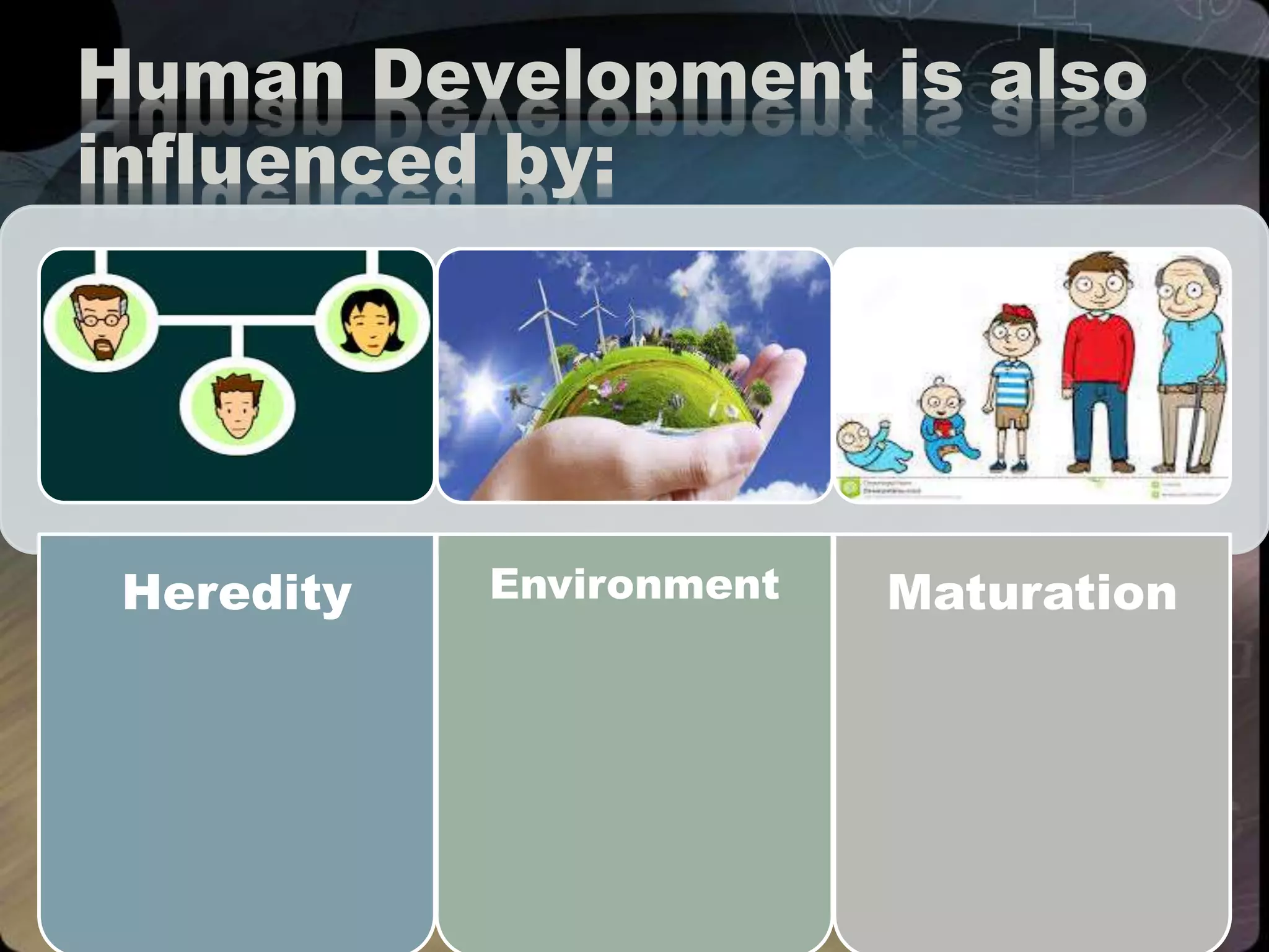 Human Development is also
influenced by:
Heredity Environment Maturation
 
