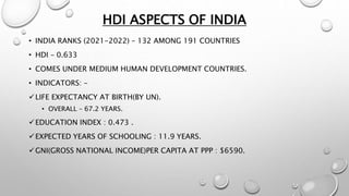 HDI ASPECTS OF INDIA
• INDIA RANKS (2021-2022) – 132 AMONG 191 COUNTRIES
• HDI – 0.633
• COMES UNDER MEDIUM HUMAN DEVELOPMENT COUNTRIES.
• INDICATORS: -
LIFE EXPECTANCY AT BIRTH(BY UN).
• OVERALL – 67.2 YEARS.
EDUCATION INDEX : 0.473 .
EXPECTED YEARS OF SCHOOLING : 11.9 YEARS.
GNI(GROSS NATIONAL INCOME)PER CAPITA AT PPP : $6590.
 