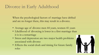Divorce in Early Adulthood
When the psychological factors of marriage have drifted
and are no longer there, this may result in a divorce.
• Average age of divorce men 44 years, women 41 years
• Likelihood of divorcing is lower in a first marriage than
it is in a remarriage
• Stress and depression are two major health problems
associated with divorce
• Effects the social clock and timing for future family
roles
 
