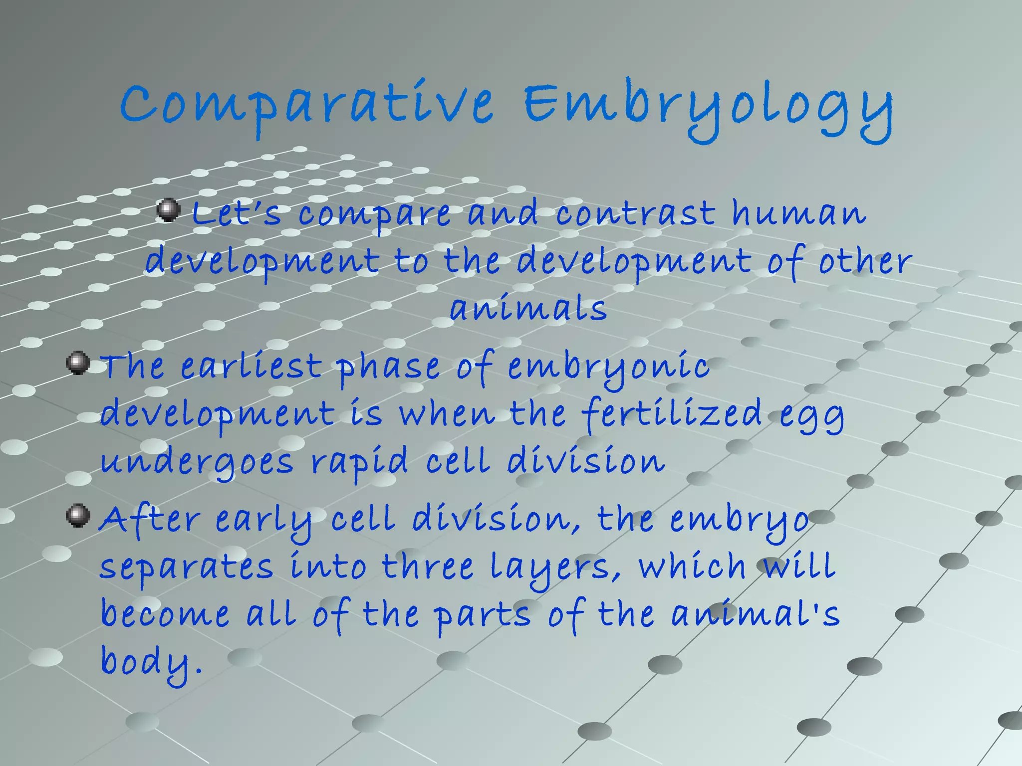 Comparative Embryology 
Let’s compare and contrast human 
development to the development of other 
animals 
The earliest phase of embryonic 
development is when the fertilized egg 
undergoes rapid cell division 
After early cell division, the embryo 
separates into three layers, which will 
become all of the parts of the animal's 
body. 
 