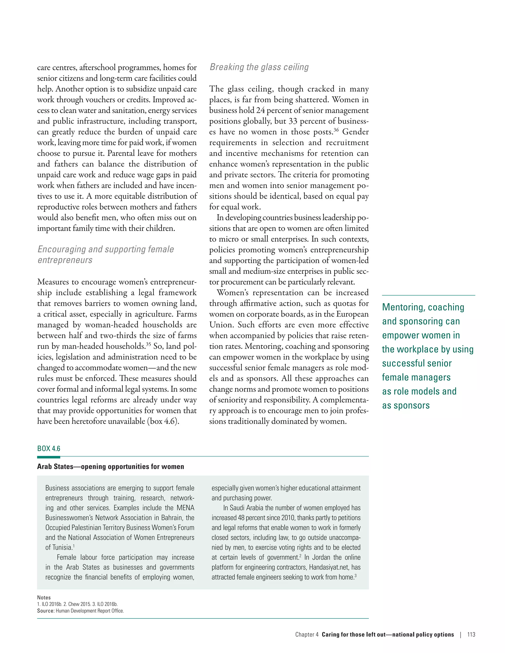 Mentoring, coaching
and sponsoring can
empower women in
the workplace by using
successful senior
female managers
as role models and
as sponsors
care centres, afterschool programmes, homes for
senior citizens and long-term care facilities could
help. Another option is to subsidize unpaid care
work through vouchers or credits. Improved ac-
cess to clean water and sanitation, energy services
and public infrastructure, including transport,
can greatly reduce the burden of unpaid care
work, leaving more time for paid work, if women
choose to pursue it. Parental leave for mothers
and fathers can balance the distribution of
unpaid care work and reduce wage gaps in paid
work when fathers are included and have incen-
tives to use it. A more equitable distribution of
reproductive roles between mothers and fathers
would also benefit men, who often miss out on
important family time with their children.
Encouraging and supporting female
entrepreneurs
Measures to encourage women’s entrepreneur-
ship include establishing a legal framework
that removes barriers to women owning land,
a critical asset, especially in agriculture. Farms
managed by woman-­headed households are
between half and two-thirds the size of farms
run by man-­headed households.35
So, land pol-
icies, legislation and administration need to be
changed to accommodate women—and the new
rules must be enforced. These measures should
cover formal and informal legal systems. In some
countries legal reforms are already under way
that may provide opportunities for women that
have been heretofore unavailable (box 4.6).
Breaking the glass ceiling
The glass ceiling, though cracked in many
places, is far from being shattered. Women in
business hold 24 percent of senior management
positions globally, but 33 percent of business-
es have no women in those posts.36
Gender
requirements in selection and recruitment
and incentive mechanisms for retention can
enhance women’s representation in the public
and private sectors. The criteria for promoting
men and women into senior management po-
sitions should be identical, based on equal pay
for equal work.
Indevelopingcountriesbusinessleadershippo-
sitions that are open to women are often limited
to micro or small enterprises. In such contexts,
policies promoting women’s entrepreneurship
and supporting the participation of women-led
small and medium-size enterprises in public sec-
tor procurement can be particularly relevant.
Women’s representation can be increased
through affirmative action, such as quotas for
women on corporate boards, as in the European
Union. Such efforts are even more effective
when accompanied by policies that raise reten-
tion rates. Mentoring, coaching and sponsoring
can empower women in the workplace by using
successful senior female managers as role mod-
els and as sponsors. All these approaches can
change norms and promote women to positions
of seniority and responsibility. A complementa-
ry approach is to encourage men to join profes-
sions traditionally dominated by women.
BOX 4.6
Arab States­—­opening opportunities for women
Business associations are emerging to support female
entrepreneurs through training, research, network-
ing and other services. Examples include the MENA
Businesswomen’s Network Association in Bahrain, the
Occupied Palestinian Territory Business Women’s Forum
and the National Association of Women Entrepreneurs
of Tunisia.1
Female labour force participation may increase
in the Arab States as businesses and governments
recognize the financial benefits of employing women,
especially given women’s higher educational attainment
and purchasing power.
In Saudi Arabia the number of women employed has
increased 48 percent since 2010, thanks partly to petitions
and legal reforms that enable women to work in formerly
closed sectors, including law, to go outside unaccompa-
nied by men, to exercise voting rights and to be elected
at certain levels of government.2
In Jordan the online
platform for engineering contractors, Handasiyat.net, has
attracted female engineers seeking to work from home.3
Notes
1. ILO 2016b. 2. Chew 2015. 3. ILO 2016b.
Source: Human Development Report Office.
Chapter 4  Caring for those left out­—­national policy options | 113
 