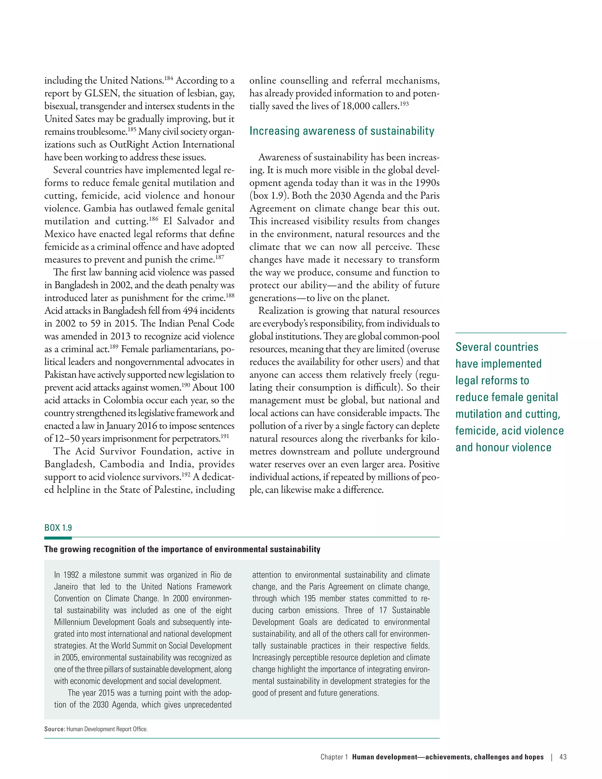 Several countries
have implemented
legal reforms to
reduce female genital
mutilation and cutting,
femicide, acid violence
and honour violence
including the United Nations.184
According to a
report by GLSEN, the situation of lesbian, gay,
bisexual, transgender and intersex students in the
United Sates may be gradually improving, but it
remainstroublesome.185
Manycivilsocietyorgan-
izations such as OutRight Action International
have been working to address these issues.
Several countries have implemented legal re-
forms to reduce female genital mutilation and
cutting, femicide, acid violence and honour
violence. Gambia has outlawed female genital
mutilation and cutting.186
El Salvador and
Mexico have enacted legal reforms that define
femicide as a criminal offence and have adopted
measures to prevent and punish the crime.187
The first law banning acid violence was passed
in Bangladesh in 2002, and the death penalty was
introduced later as punishment for the crime.188
AcidattacksinBangladeshfellfrom494incidents
in 2002 to 59 in 2015. The Indian Penal Code
was amended in 2013 to recognize acid violence
as a criminal act.189
Female parliamentarians, po-
litical leaders and nongovernmental advocates in
Pakistanhaveactivelysupportednewlegislationto
prevent acid attacks against women.190
About 100
acid attacks in Colombia occur each year, so the
countrystrengtheneditslegislativeframeworkand
enacted a law in January 2016 to impose sentences
of12–50yearsimprisonmentforperpetrators.191
The Acid Survivor Foundation, active in
Bangladesh, Cambodia and India, provides
support to acid violence survivors.192
A dedicat-
ed helpline in the State of Palestine, including
online counselling and referral mechanisms,
has already provided information to and poten-
tially saved the lives of 18,000 callers.193
Increasing awareness of sustainability
Awareness of sustainability has been increas-
ing. It is much more visible in the global devel-
opment agenda today than it was in the 1990s
(box 1.9). Both the 2030 Agenda and the Paris
Agreement on climate change bear this out.
This increased visibility results from changes
in the environment, natural resources and the
climate that we can now all perceive. These
changes have made it necessary to transform
the way we produce, consume and function to
protect our ability­—­and the ability of future
generations­—­to live on the planet.
Realization is growing that natural resources
areeverybody’sresponsibility,fromindividualsto
globalinstitutions.Theyareglobalcommon-pool
resources, meaning that they are limited (overuse
reduces the availability for other users) and that
anyone can access them relatively freely (regu-
lating their consumption is difficult). So their
management must be global, but national and
local actions can have considerable impacts. The
pollution of a river by a single factory can deplete
natural resources along the riverbanks for kilo-
metres downstream and pollute underground
water reserves over an even larger area. Positive
individual actions, if repeated by millions of peo-
ple, can likewise make a difference.
BOX 1.9
The growing recognition of the importance of environmental sustainability
In 1992 a milestone summit was organized in Rio de
Janeiro that led to the United Nations Framework
Convention on Climate Change. In 2000 environmen-
tal sustainability was included as one of the eight
Millennium Development Goals and subsequently inte-
grated into most international and national development
strategies. At the World Summit on Social Development
in 2005, environmental sustainability was recognized as
oneofthethreepillarsofsustainabledevelopment,along
with economic development and social development.
The year 2015 was a turning point with the adop-
tion of the 2030 Agenda, which gives unprecedented
attention to environmental sustainability and climate
change, and the Paris Agreement on climate change,
through which 195 member states committed to re-
ducing carbon emissions. Three of 17 Sustainable
Development Goals are dedicated to environmental
sustainability, and all of the others call for environmen-
tally sustainable practices in their respective fields.
Increasingly perceptible resource depletion and climate
change highlight the importance of integrating environ-
mental sustainability in development strategies for the
good of present and future generations.
Source: Human Development Report Office.
Chapter 1  Human development­—­achievements, challenges and hopes | 43
 
