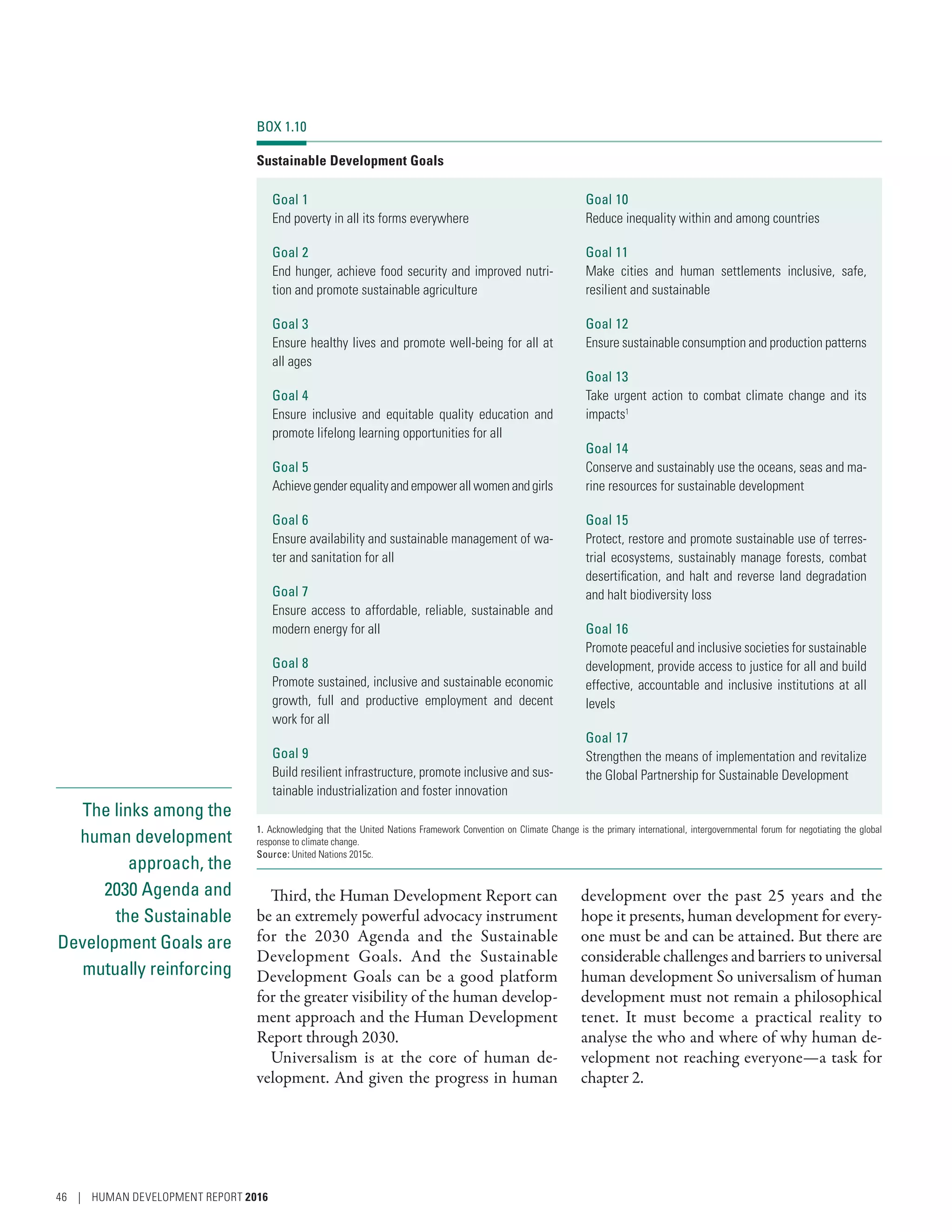 The links among the
human development
approach, the
2030 Agenda and
the Sustainable
Development Goals are
mutually reinforcing
Third, the Human Development Report can
be an extremely powerful advocacy instrument
for the 2030 Agenda and the Sustainable
Development Goals. And the Sustainable
Development Goals can be a good platform
for the greater visibility of the human develop-
ment approach and the Human Development
Report through 2030.
Universalism is at the core of human de-
velopment. And given the progress in human
development over the past 25 years and the
hope it presents, human development for every-
one must be and can be attained. But there are
considerable challenges and barriers to universal
human development So universalism of human
development must not remain a philosophical
tenet. It must become a practical reality to
analyse the who and where of why human de-
velopment not reaching everyone­—­a task for
chapter 2.
BOX 1.10
Sustainable Development Goals
Goal 1
End poverty in all its forms everywhere
Goal 2
End hunger, achieve food security and improved nutri-
tion and promote sustainable agriculture
Goal 3
Ensure healthy lives and promote well-being for all at
all ages
Goal 4
Ensure inclusive and equitable quality education and
promote lifelong learning opportunities for all
Goal 5
Achievegenderequality andempowerallwomenandgirls
Goal 6
Ensure availability and sustainable management of wa-
ter and sanitation for all
Goal 7
Ensure access to affordable, reliable, sustainable and
modern energy for all
Goal 8
Promote sustained, inclusive and sustainable economic
growth, full and productive employment and decent
work for all
Goal 9
Build resilient infrastructure, promote inclusive and sus-
tainable industrialization and foster innovation
Goal 10
Reduce inequality within and among countries
Goal 11
Make cities and human settlements inclusive, safe,
­resilient and sustainable
Goal 12
Ensure sustainable consumption and production patterns
Goal 13
Take urgent action to combat climate change and its
impacts1
Goal 14
Conserve and sustainably use the oceans, seas and ma-
rine resources for sustainable development
Goal 15
Protect, restore and promote sustainable use of terres-
trial ecosystems, sustainably manage forests, combat
desertification, and halt and reverse land degradation
and halt biodiversity loss
Goal 16
Promote peaceful and inclusive societies for sustainable
development, provide access to justice for all and build
effective, accountable and inclusive institutions at all
levels
Goal 17
Strengthen the means of implementation and revitalize
the Global Partnership for Sustainable Development
1. Acknowledging that the United Nations Framework Convention on Climate Change is the primary international, intergovernmental forum for negotiating the global
response to climate change.
Source: United Nations 2015c.
46 | HUMAN DEVELOPMENT REPORT 2016
 