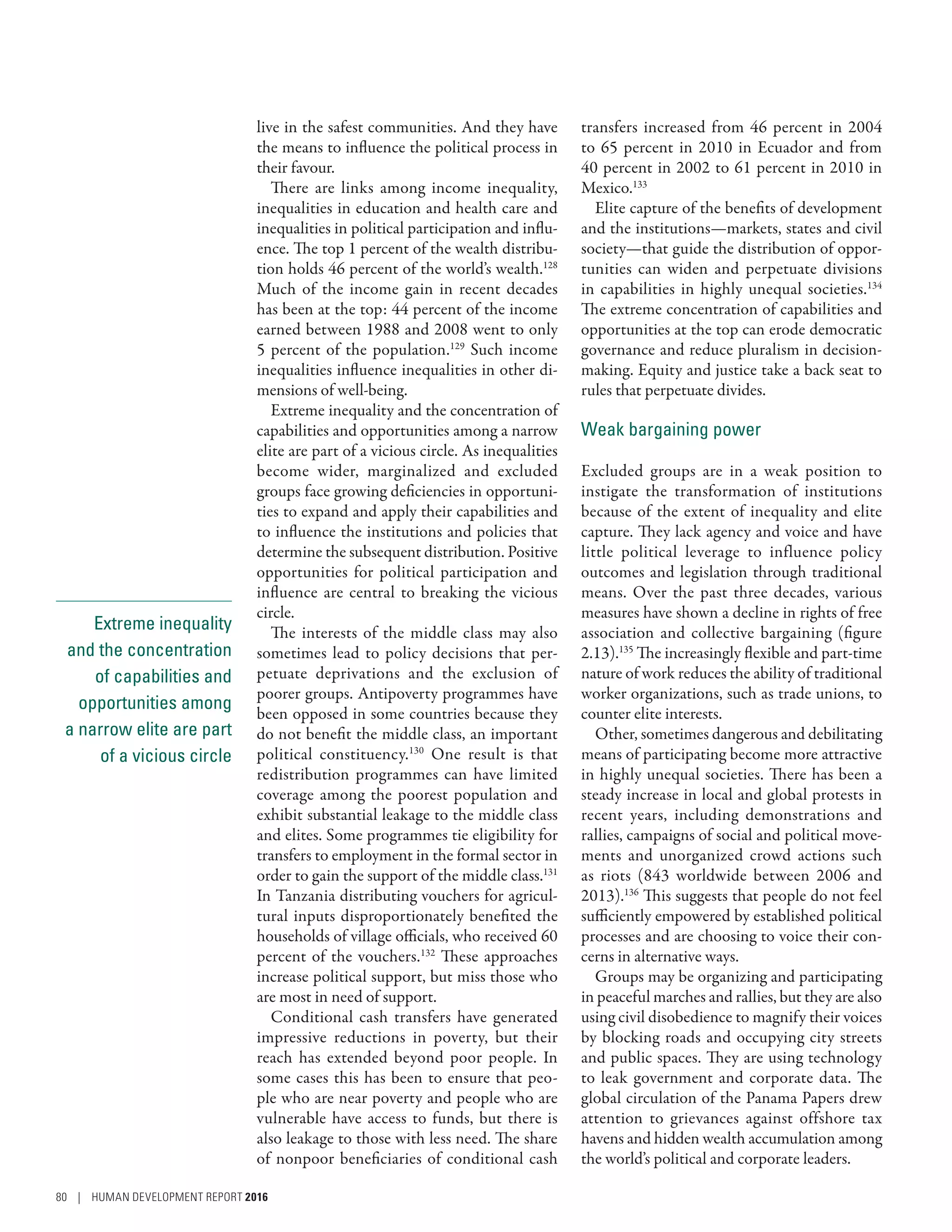 Extreme inequality
and the concentration
of capabilities and
opportunities among
a narrow elite are part
of a vicious circle
live in the safest communities. And they have
the means to influence the political process in
their favour.
There are links among income inequality,
inequalities in education and health care and
inequalities in political participation and influ-
ence. The top 1 percent of the wealth distribu-
tion holds 46 percent of the world’s wealth.128
Much of the income gain in recent decades
has been at the top: 44 percent of the income
earned between 1988 and 2008 went to only
5 percent of the population.129
Such income
inequalities influence inequalities in other di-
mensions of well-being.
Extreme inequality and the concentration of
capabilities and opportunities among a narrow
elite are part of a vicious circle. As inequalities
become wider, marginalized and excluded
groups face growing deficiencies in opportuni-
ties to expand and apply their capabilities and
to influence the institutions and policies that
determine the subsequent distribution. Positive
opportunities for political participation and
influence are central to breaking the vicious
circle.
The interests of the middle class may also
sometimes lead to policy decisions that per-
petuate deprivations and the exclusion of
poorer groups. Antipoverty programmes have
been opposed in some countries because they
do not benefit the middle class, an important
political constituency.130
One result is that
redistribution programmes can have limited
coverage among the poorest population and
exhibit substantial leakage to the middle class
and elites. Some programmes tie eligibility for
transfers to employment in the formal sector in
order to gain the support of the middle class.131
In Tanzania distributing vouchers for agricul-
tural inputs disproportionately benefited the
households of village officials, who received 60
percent of the vouchers.132
These approaches
increase political support, but miss those who
are most in need of support.
Conditional cash transfers have generated
impressive reductions in poverty, but their
reach has extended beyond poor people. In
some cases this has been to ensure that peo-
ple who are near poverty and people who are
vulnerable have access to funds, but there is
also leakage to those with less need. The share
of nonpoor beneficiaries of conditional cash
transfers increased from 46 percent in 2004
to 65 percent in 2010 in Ecuador and from
40 percent in 2002 to 61 percent in 2010 in
Mexico.133
Elite capture of the benefits of development
and the institutions­—­markets, states and civil
society­—­that guide the distribution of oppor-
tunities can widen and perpetuate divisions
in capabilities in highly unequal societies.134
The extreme concentration of capabilities and
opportunities at the top can erode democratic
governance and reduce pluralism in decision-
making. Equity and justice take a back seat to
rules that perpetuate divides.
Weak bargaining power
Excluded groups are in a weak position to
instigate the transformation of institutions
because of the extent of inequality and elite
capture. They lack agency and voice and have
little political leverage to influence policy
outcomes and legislation through traditional
means. Over the past three decades, various
measures have shown a decline in rights of free
association and collective bargaining (figure
2.13).135
The increasingly flexible and part-time
nature of work reduces the ability of traditional
worker organizations, such as trade unions, to
counter elite interests.
Other, sometimes dangerous and debilitating
means of participating become more attractive
in highly unequal societies. There has been a
steady increase in local and global protests in
recent years, including demonstrations and
rallies, campaigns of social and political move-
ments and unorganized crowd actions such
as riots (843 worldwide between 2006 and
2013).136
This suggests that people do not feel
sufficiently empowered by established political
processes and are choosing to voice their con-
cerns in alternative ways.
Groups may be organizing and participating
in peaceful marches and rallies, but they are also
using civil disobedience to magnify their voices
by blocking roads and occupying city streets
and public spaces. They are using technology
to leak government and corporate data. The
global circulation of the Panama Papers drew
attention to grievances against offshore tax
havens and hidden wealth accumulation among
the world’s political and corporate leaders.
80 | HUMAN DEVELOPMENT REPORT 2016
 
