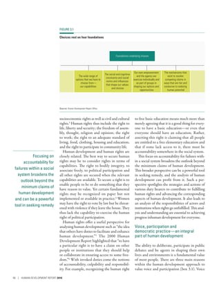 Focusing on
accountability for
failures within a social
system broadens the
outlook beyond the
minimum claims of
human development
and can be a powerful
tool in seeking remedy
socioeconomic rights as well as civil and cultural
rights.3
Human rights thus include the right to
life, liberty and security; the freedom of assem-
bly, thought, religion and opinion; the right
to work; the right to an adequate standard of
living, food, clothing, housing and education;
and the right to participate in community life.
Human development and human rights are
closely related. The best way to secure human
rights may be to consider rights in terms of
capabilities. The right to bodily integrity, to
associate freely, to political participation and
all other rights are secured when the relevant
capabilities are available. To secure a right is to
enable people to be or do something that they
have reason to value. Yet certain fundamental
rights may be recognized on paper but not
implemented or available in practice.4
Women
may have the right to vote by law but be threat-
ened with violence if they leave the house. They
thus lack the capability to exercise the human
right of political participation.
Human rights offer a useful perspective for
analysing human development such as “the idea
that others have duties to facilitate and enhance
human development.”5
The 2000 Human
Development Report highlighted that “to have
a particular right is to have a claim on other
people or institutions that they should help
or collaborate in ensuring access to some free-
dom.”6
With invoked duties come the notions
of accountability, culpability and responsibil-
ity. For example, recognizing the human right
to free basic education means much more than
merely agreeing that it is a good thing for every-
one to have a basic education­—­or even that
everyone should have an education. Rather,
asserting this right is claiming that all people
are entitled to a free elementary education and
that if some lack access to it, there must be
accountability somewhere in the social system.
This focus on accountability for failures with-
in a social system broadens the outlook beyond
the minimum claims of human development.
This broader perspective can be a powerful tool
in seeking remedy, and the analysis of human
development can profit from it. Such a per-
spective spotlights the strategies and actions of
various duty bearers to contribute to fulfilling
human rights and advancing the corresponding
aspects of human development. It also leads to
an analysis of the responsibilities of actors and
institutions when rights go unfulfilled. This anal-
ysis and understanding are essential to achieving
progress inhuman development for everyone.
Voice, participation and
democratic practice­—­an integral
part of human development
The ability to deliberate, participate in public
debates and be agents in shaping their own
lives and environments is a fundamental value
of most people. There are three main reasons
within the human development approach to
value voice and participation (box 3.1). Voice
FIGURE 3.1
Choices rest on four foundations
Foundations underlying choices
The wide range of
options that we have to
choose from—
our capabilities
Our own empowerment
and the agency we
exercise individually and
as part of groups in
shaping our options and
opportunities
The mechanisms that
exist to resolve
competing claims in
ways that are fair and
conducive to realizing
human potential
The social and cognitive
constraints and social
norms and inﬂuences
that shape our values
and choices
Source: Human Development Report Office.
86 | HUMAN DEVELOPMENT REPORT 2016
 