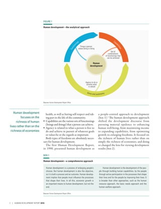 Human development
focuses on the
richness of human
lives rather than on the
richness of economies
health, as well as having self-respect and tak-
ing part in the life of the community.
•	 Capabilitiesarethevarioussetsoffunctionings
(beings and doings) that a person can achieve.
•	 Agency is related to what a person is free to
do and achieve in pursuit of whatever goals
or values he or she regards as important.
Both types of freedoms are absolutely neces-
sary for human development.
The first Human Development Report,
in 1990, presented human development as
a ­people-centred approach to development
(box 1).4
The human development approach
shifted the development discourse from
pursuing material opulence to enhancing
human well-being, from maximizing income
to expanding capabilities, from optimizing
growth to enlarging freedoms. It focused on
the richness of human lives rather than on
simply the richness of economies, and doing
so changed the lens for viewing development
results (box 2).
FIGURE 1
Human development­—­the analytical approach
Human
development
Function
ings Capa
bilities
Voice and autonomy
Things a person
values being or doing
Set of
combinations
of functionings that
can be achieved
Agency to do or
achieve what
is valued
Source: Human Development Report Office.
BOX 1
Human development­—­a comprehensive approach
Human development is a process of enlarging people’s
choices. But human development is also the objective,
so it is both a process and an outcome. Human develop-
ment implies that people must influence the processes
that shape their lives. In all this, economic growth is
an important means to human development, but not the
end.
Human development is the development of the peo-
ple through building human capabilities, by the people
through active participation in the processes that shape
their lives and for the people by improving their lives. It
is broader than other approaches, such as the human
resource approach, the basic needs approach and the
human welfare approach.
Source: Human Development Report Office.
2 | HUMAN DEVELOPMENT REPORT 2016
 