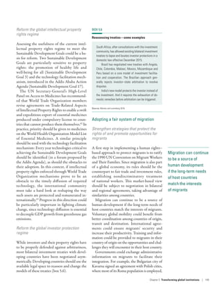 Migration can continue
to be a source of
human development
if the long-term needs
of host countries
match the interests
of migrants
Reform the global intellectual property
rights regime
Assessing the usefulness of the current intel-
lectual property rights regime to meet the
Sustainable Development Goals could be a ba-
sis for reform. Two Sustainable Development
Goals are particularly sensitive to property
rights: the promotion of healthy life and
well-being for all (Sustainable Development
Goal 3) and the technology facilitation mech-
anism, introduced in the Addis Ababa Action
Agenda (Sustainable Development Goal 17).
The UN Secretary-General’s High-Level
Panel on Access to Medicines has recommend-
ed that World Trade Organization members
revise agreements on Trade-Related Aspects
of Intellectual Property Rights to enable a swift
and expeditious export of essential medicines
produced under compulsory license to coun-
tries that cannot produce them themselves.62
In
practice, priority should be given to medicines
on the World Health Organization Model List
of Essential Medicines. A similar principle
should be used with the technology facilitation
mechanism: Every year technologies critical to
achieving the Sustainable Development Goals
should be identified (in a forum proposed by
the Addis Agenda), as should the obstacles to
their adoption. In this context, if intellectual
property rights enforced through World Trade
Organization mechanisms prove to be an
obstacle to the timely diffusion of required
technology, the international community
must take a hard look at reshaping the way
such assets are protected and remunerated in-
ternationally.63
Progress in this direction could
be particularly important in fighting climate
change, since technology diffusion is essential
to decouple GDP growth from greenhouse gas
emissions.
Reform the global investor protection
regime
While investors and their property rights have
to be properly defended against arbitrariness,
most bilateral investment treaties with devel-
oping countries have been negotiated asym-
metrically. Developing countries should use the
available legal space to reassess and change the
models of these treaties (box 5.6).
Adopting a fair system of migration
Strengthen strategies that protect the
rights of and promote opportunities for
migrants
A first step in implementing a human rights–
based approach to protect migrants is to ratify
the 1990 UN Convention on Migrant Workers
and Their Families. Since migration is also part
of a global economy, its rules should be the
counterpart to fair trade and investment rules,
establishing nondiscriminatory treatment
of national workers. This market-based view
should be subject to negotiation in bilateral
and regional agreements, taking advantage of
similarities among countries.
Migration can continue to be a source of
human development if the long-term needs of
host countries match the interests of migrants.
Voluntary global mobility could benefit from
better coordination among countries of origin,
transit and destination. International agree-
ments could ensure migrants’ security and
increase their productivity. Training and infor-
mation could be provided to migrants in their
country of origin on the opportunities and chal-
lenges they will encounter in their host country.
Governments could exchange administrative
information on migrants to facilitate their
integration. For example, the Bulgarian city of
Kavarna signed an agreement with Polish cities,
where most of its Roma population is employed,
BOX 5.6
Reassessing treaties—some examples
South Africa, after consultations with the investment
community, has allowed existing bilateral investment
treaties to lapse and locates investor protections in a
domestic law effective December 2015.
Brazil has negotiated new treaties with Angola,
Chile, Colombia, Malawi, Mexico, Mozambique and
Peru based on a core model of investment facilita-
tion and cooperation. The Brazilian approach gen-
erally rejects investor–state arbitration to resolve
disputes.
India’s new model protects the investor instead of
the investment. And it requires the exhaustion of do-
mestic remedies before arbitration can be triggered.
Source: Montes and Lunenborg 2016.
Chapter 5  Transforming global institutions | 149
 