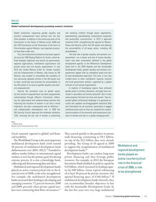 Multilateral and
regional development
banks played an
active countercyclical
role in the financial
crisis of 2008, a role
to be strengthened
(local, national, regional or global) and finan-
cial instability.
The World Bank Group is the most important
multilateral development bank (with around
50 percent of multilateral development bank
disbursements over 2004–2012).78
Founded to
address market failures in international capital
markets, it now has the primary goal of reducing
extreme poverty. It is also a knowledge bank,
collecting and disseminating data and ideas.
Multilateral and regional development banks
played an active countercyclical role in the fi-
nancial crisis of 2008, a role to be strengthened.
For example, the multilateral development
banks increased their lending to developing and
emerging countries 72 percent between 2008
and 2009, precisely when private capital mar-
kets were contracting their flows of resources.79
They reacted quickly to the paralysis in private
trade financing, committing to $9.1  billion,
on top of the $3.2 billion they were already
providing. The Group of 20 agreed in 2009
to support the recapitalization of multilateral
development banks.80
Development banks can catalyse long-term
private financing and thus leverage public
resources. For example, in 2012 the European
Investment Bank doubled its paid-in capital by
€10 billion, which increased its lending capac-
ity by €80 billion. Given typical cofinancing
of at least 50 percent by private investors, this
opened financing space of €160  billion.81
If
multilateral development banks diversify, they
can accommodate broader objectives in line
with the Sustainable Development Goals. In
the last few years two very large multilateral
BOX 5.8
Global institutional developments promoting women’s inclusion
Global institutions supporting gender equality and
women’s empowerment have evolved over the last
three decades. In addition to the continuing work of the
Commission on the Status of Women (since 1946) and
the 1979 Convention on the Elimination of all Forms of
Discrimination against Women, two important process-
es have been under way.
First, the institutional architecture has been expand-
ed since the 1995 Beijing Platform for Action, which de-
fined strategic objectives and actions by governments,
regional organizations, multilateral organizations and
private sector and civil society organizations. In July
2010 the United Nations Entity for Gender Equality
and the Empowerment of Women, also known as UN
Women, was created to consolidate the mandates of
four previously separate entities in the UN system and
to lead, coordinate and promote the accountability of
the UN system in its work on gender equality and wom-
en’s empowerment.
Second, the normative work on gender equal-
ity and women’s empowerment has been progressively
mainstreamed through different instruments, follow-
ing the rights-based and evidence-based premise that
improving the situation of women is not only a moral
imperative, but also a prerequisite and an effective—
and indispensable—development tool. In 2000 the
UN Security Council approved the landmark resolution
1325, stressing the key role of women in preventing
and resolving conflicts through peace negotiations,
peacebuilding, peacekeeping, humanitarian responses
and postconflict reconstruction. In 2015 it approved
resolution 2242, strengthening the agenda for Women,
Peace and Security within the UN system and defining
the accountability of all peace actors, including UN
peacekeepers.
The dual role of gender equality and women’s em-
powerment—as a means and end of human develop-
ment—has been consistently reflected in the global
development agenda. In the Millennium Development
Goals and in the 2030 Agenda and the Sustainable
Development Goals, gender equality and women’s em-
powerment appear both as standalone goals and part
of most development objectives. This view, in turn, has
trickled down to other multilateral, regional, national
and local government entities, supported by a global
network of civil society organizations.
A majority of developing regions have achieved
gender parity in primary education, and gaps have nar-
rowed in secondary and tertiary education. But in most
areas progress has been too slow and uneven.1
One im-
portant global institutional challenge is to generate ac-
curate and updated sex-disaggregated statistical data
and information for all countries, particularly in lagged
statistical areas such as time use, essential for compre-
hensive analysis of the economic and noneconomic situ-
ation of women and men in a rapidly changing world.
Note
1. UNDESA 2015e.
Source: Human Development Report Office.
Chapter 5  Transforming global institutions | 153
 