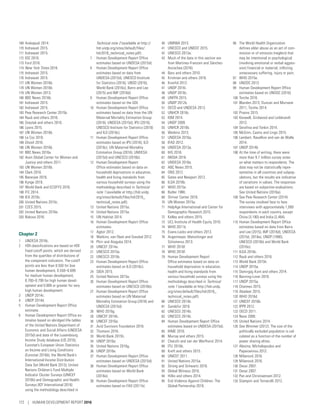 169	 Arekapudi 2014.
170	 Indrawati 2015.
171	 Indrawati 2015.
172	 IOC 2016.
173	 Ford 2016.
174	 New York Times 2016.
175	 Indrawati 2015.
176	 Indrawati 2015.
177	 UN Women 2016b.
178	 UN Women 2016b.
179	 UN Women 2013.
180	 BBC News 2016b.
181	 Indrawati 2015.
182	 Indrawati 2015.
183	 Pew Research Center 2015b.
184	 Raub and others 2016.
185	 Greytak and others 2016.
186	 Lyons 2015.
187	 UN Women 2016b.
188	 Le Coz 2016.
189	 Ghosh 2016.
190	 UN Women 2016b.
191	 BBC News 2016a.
192	 Avon Global Center for Women and
Justice and others 2011.
193	 UN Women 2016b.
194	 Clark 2016.
195	 Banerjee 2016.
196	 Kynge 2016.
197	 World Bank and ECOFYS 2016.
198	 ITC 2014.
199	 IEA 2016c.
200	 United Nations 2015c.
201	 C2ES 2015.
202	 United Nations 2016e.
203	 Bokova 2016.
Chapter 2
1	 UNDESA 2016c.
2	 HDI classifications are based on HDI
fixed cutoff points, which are derived
from the quartiles of distributions of
the component indicators. The cutoff
points are less than 0.550 for low
human development, 0.550–0.699
for medium human development,
0.700–0.799 for high human devel-
opment and 0.800 or greater for very
high human development.
3	 UNDP 2014c.
4	 UNDP 2014d.
5	 Human Development Report Office
estimate.
6	 Human Development Report Office es-
timates based on abridged life-tables
of the United Nations Department of
Economic and Social Affairs (UNDESA
2015d) and data of the Luxembourg
Income Study database (LIS 2016),
Eurostat’s European Union Statistics
on Income and Living Conditions
(Eurostat 2016b), the World Bank’s
International Income Distribution
Data Set (World Bank 2013), United
Nations Children’s Fund Multiple
Indicator Cluster Surveys (UNICEF
2016b) and Demographic and Health
Surveys (ICF International 2016)
using the methodology described in
Technical note 2 (available at http://
hdr.undp.org/sites/default/files/
hdr2016_­technical_notes.pdf).
7	 Human Development Report Office
estimates based on UNDESA (2015d).
8	 Human Development Report Office
estimates based on data from
UNDESA (2015d), UNESCO Institute
for Statistics (2016), UNSD (2016),
World Bank (2016o), Barro and Lee
(2015) and IMF (2016d).
9	 Human Development Report Office
estimates based on the GDI.
10	 Human Development Report Office
estimates based on data from the UN
Maternal Mortality Estimation Group
(2016), UNDESA (2015d), IPU (2016),
UNESCO Institute for Statistics (2016)
and ILO (2016c).
11	 Human Development Report Office
estimates based on IPU (2016), ILO
(2016c), UN Maternal Mortality
Estimation Group (2016), UNDESA
(2015d) and UNESCO (2016b).
12	 Human Development Report
Office estimates based on data on
household deprivations in education,
health and living standards from
various household surveys using the
methodology described in Technical
note 1 (available at http://hdr.undp.
org/sites/default/files/hdr2016_­
technical_notes.pdf).
13	 United Nations 2015a.
14	 United Nations 2015a.
15	 UN-Habitat 2014.
16	 Human Development Report Office
estimates.
17	 Agbor 2012.
18	 Watkins, van Fleet and Greubel 2012.
19	 Phiri and Ataguba 2014.
20	 UNICEF 2014a.
21	 UNESCO 2015a.
22	 UNESCO 2015b.
23	 Human Development Report Office
estimates based on ILO (2016c).
24	 SIDA 2015.
25	 United Nations 2015a.
26	 Human Development Report Office
estimates based on UNESCO (2016b).
27	 Human Development Report Office
estimates based on UN Maternal
Mortality Estimation Group (2016) and
UNDESA (2015d).
28	 WHO 2016g.
29	 UNICEF 2014b.
30	 UNICEF 2016a.
31	 Acid Survivors Foundation 2016.
32	 Thomson 2016.
33	 World Bank 2015h.
34	 UNDP 2016a.
35	 United Nations 2016g.
36	 UNDP 2016e.
37	 Human Development Report Office
estimates based on UNDESA (2015d).
38	 Human Development Report Office
estimates based on World Bank
(2016o).
39	 Human Development Report Office
estimates based on FAO (2011b).
40	 UNRWA 2013.
41	 UNESCO and UNICEF 2015.
42	 UNESCO 2013a.
43	 Much of the data in this section are
from Martinez-Franzoni and Sánchez-
Ancochea (2016).
44	 Baru and others 2010.
45	 Krishnan and others 2016.
46	 Kronfol 2012.
47	 UNDP 2016i.
48	 UNDP 2016c.
49	 UNFPA 2015.
50	 UNDP 2012b.
51	 OECD and UNDESA 2013.
52	 UNHCR 2016c.
53	 IOM 2014.
54	 UNDP 2009.
55	 UNHCR 2016b.
56	 Watkins 2013.
57	 UNDESA 2016a.
58	 IFAD 2012.
59	 UNDESA 2013a.
60	 IHS 2016.
61	 IWGIA 2016.
62	 UNDESA 2016e.
63	 ABC News 2015.
64	 ONS 2012.
65	 Gates and Newport 2012.
66	 ILGA 2016b.
67	 WHO 2015e.
68	 Butler 1980.
69	 Shriver Center 2016.
70	 UN Women 2015a.
71	 HelpAge International and Center for
Demographic Research 2015.
72	 Kelley and others 2015.
73	 UCL Institute of Health Equity 2010.
74	 WHO 2011b.
75	 Evans-Lacko and others 2013.
76	 Angermeyer, Matschinger and
Schomerus 2013.
77	 WHO 2016f.
78	 WHO 2016f.
79	 Human Development Report
Office estimates based on data on
household deprivation in education,
health and living standards from
various household surveys using the
methodology described in Technical
note 1 (available at http://hdr.undp.
org/sites/default/files/hdr2016_­
technical_notes.pdf).
80	 UNESCO 2014b.
81	 Sandefur 2016.
82	 UNESCO 2014b.
83	 UNESCO 2014b.
84	 Human Development Report Office
estimates based on UNDESA (2015d).
85	 IHME 2016.
86	 Murray and others 2015.
87	 Checchi and van der Werfhorst 2014.
88	 ITU 2016b.
89	 Kreft and others 2015.
90	 UNICEF 2011.
91	 United Nations 2015a.
92	 Strong and Schwartz 2016.
93	 Global Witness 2016.
94	 Hillis and others 2014.
95	 End Violence Against Children: The
Global Partnership 2016.
96	 The World Health Organization
defines elder abuse as an act of com-
mission or of omission (neglect) that
may be intentional or psychological
(involving emotional or verbal aggres-
sion) financial or material, inflicting
unnecessary suffering, injury or pain.
97	 WHO 2015e.
98	 UNODC 2013.
99	 Human Development Report Office
estimates based on UNODC (2016).
100	 Torche 2016.
101	 Blanden 2013; Duncan and Murnane
2011; Torche 2014.
102	 Piraino 2015.
103	 Keswell, Girdwood and Leibbrandt
2013.
104	 Serafina and Tonkin 2014.
105	 McGinn, Castro and Lingo 2015.
106	 Lambert, Ravallion and van de Walle
2014.
107	 UNDP 2014b.
108	 At the time of writing, there were
more than 9.7 million survey votes
on what matters to respondents. The
data may not be statistically repre-
sentative in all countries and subpop-
ulations, but the results are indicative
of variations in values. The responses
are based on subjective evaluations.
See United Nations (2016a).
109	 See Pew Research Center (2014).
The survey involved face to face
interviews with approximately 1,000
respondents in each country, except
China (3,190) and India (2,464).
110	 Human Development Report Office
estimates based on data from Barro
and Lee (2015), IMF (2016d), UNDESA
(2015d, 2016e), UNDP (1990),
UNESCO (2016b) and World Bank
(2016o).
111	 ILGA 2016c.
112	 Raub and others 2016.
113	 World Bank 2015h.
114	 UNDP 2015a.
115	 Demirgüç-Kunt and others 2014.
116	 Banning-Lover 2016.
117	 UNDP 2015a.
118	 Charmes 2015.
119	 Abadeer 2015.
120	 WHO 2016d.
121	 UNICEF 2016b.
122	 IPPR 2012.
123	 OECD 2011.
124	 Nave 2000.
125	 United Nations 2014.
126	 See Wimmer (2012). The size of the
politically excluded population is cal-
culated as a function of the number of
power sharing elites.
127	 Alesina, Michalopoulos and
Papaioannou 2012.
128	 Milanovi´c 2016.
129	 Milanovi´c 2016.
130	 Desai 2007.
131	 Desai 2007.
132	 Pan and Christiaensen 2012.
133	 Stampini and Tornarolli 2012.
172 | HUMAN DEVELOPMENT REPORT 2016
 