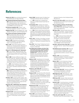 References
Abadeer, A.S.Z. 2015. Norms and Gender Discrimination in
the Arab World. New York: Palgrave Macmillan.
ABC (Australian Broadcasting Corporation) News.
2015. “ABS Collects Data on Sexual Orientation for First
Time.” PM (news broadcast), 6 July. www.abc.net.au/
news/2015-07-06/abs-collects-data-on-sexual-orientation-
for-first/6599506. Accessed 26 October 2016.
Acid Survivors Foundation. 2016. “Statistics.” www.
acidsurvivors.org/Statistics. Accessed 11 October 2016.
Adaptation Fund. 2015. “About the Adaptation Fund.” www.
adaptation-fund.org/about/. Accessed 30 September 2016.
African Union and Economic Commission for Africa.
2015. Illicit Financial Flows: Report of the High Level
Panel on Illicit Financial Flows from Africa. www.
uneca.org/sites/default/files/PublicationFiles/iff_main_
report_26feb_en.pdf. Accessed 8 November 2016.
Agartan, T.I. 2012. “Marketization and Universalism:
Crafting the Right Balance in the Turkish Healthcare
System.” Current Sociology 60(4): 456–471.
Agbor, J. 2012. “Op-Ed: Poverty, Inequality and Africa’s
Education Crisis.” Brookings Institution, Washington, DC.
www.brookings.edu/opinions/poverty-inequality-and-
africas-education-crisis/. Accessed 26 October 2016.
Alesina, A.F., S. Michalopoulos and E. Papaioannou.
2012. “Ethnic Inequality.” NBER Working Paper 18512,
National Bureau of Economic Research, Cambridge, MA.
www.nber.org/papers/w18512.pdf. Accessed 27 October
2016.
Alkire, S. 2009. “Concepts and Measures of Agency.” In K.
Basu and R. Kanbur, eds., Arguments for a Better World:
Essays in Honor of Amartya Sen. Volume I: Ethics, Welfare,
and Measurement and Volume II: Development, Society,
and Institutions. Oxford, UK: Oxford University Press.
———. 2010. “Human Development: Definitions, Critiques,
and Related Concepts.” Human Development Research
Paper 2010/01. United Nations Development Programme,
New York.
Allen, L., B. de Benoist, O. Dary and R. Hurrell, eds.
2006. Guidelines on Food Fortification with Micronutrients.
Geneva: World Health Organization; Rome: Food and
Agriculture Organization of the United Nations. www.
who.int/nutrition/publications/guide_food_fortification_­
micronutrients.pdf. Accessed 22 November 2016.
Amundsen, I. 2014. “Corruption and Other Leakages.” Paper
presented at the 2014 Natural Resource Charter Conference
“Strengthening Resource Governance,” 12–13 June, Oxford,
UK. www.cmi.no/publications/5247-­corruption-and-other-
leakages. Accessed 7 November 2016.
Angermeyer, M.C., H. Matschinger and G. Schomerus.
2013. “Public Attitudes towards People with Depression
in Times of Uncertainty: Results from Three Population
Surveys in Germany.” Social Psychiatry and Psychiatric
Epidemiology 48(9): 1513–1518.
Arekapudi, N. 2014. “Credit for All: Increasing Women’s
Access to Finance.” Thomson Reuters Foundation
News, 11 November. New York. http://news.trust.org//
item/20141111224416-boan9/. Accessed 14 October
2016.
Ariely, D. 2008. Predictably Irrational: The Hidden Forces
That Shape Our Decisions. New York: HarperCollins.
———. 2015. Irrationally Yours: On Missing Socks,
Pickup Lines, and Other Existential Puzzles. New York:
HarperCollins.
Asia Foundation. 2013. “The Right to Vote: Filipinos
with Disabilities and the 2013 Elections.” Manila, The
Philippines. https://asiafoundation.org/resources/pdfs/
PWDs2013Elections.pdf. Accessed 7 November 2016.
———. 2015. 50 Years of Indian Technical and Economic
Cooperation. Indian Development Cooperation Research
Report. Manila, The Philippines. www.cprindia.org/sites/
default/files/working_papers/IDCR%20Report%20-%20
50%20years%20of%20ITEC.pdf. Accessed 19 November
2016.
Austin, L. 2011. “The Politics of Youth Bulge: From Islamic
Activism to Democratic Reform in the Middle East and
North Africa.” SAIS Review of International Affairs 31(2):
81–96.
Avaaz. 2016. “Climate Change: The Beginning of the End
of Fossil Fuels.” https://avaaz.org/page/en/highlights/.
Accessed 11 October 2016.
Avon Global Center for Women and Justice, New
York City Bar Association, Cornell Law School
International Human Rights Clinic and Virtue
Foundation. 2011. “Combating Acid Violence in
Bangladesh, India, and Cambodia.” New York. www.
lawschool.cornell.edu/womenandjustice/upload/
Combating-Acid-Violence-Report.pdf. Accessed 14
October 2016.
Ballivian, A. 2015. “Using Big Data for the Sustainable
Development Goals.” Global Working Group on Big Data
for Official Statistics, New York. http://unstats.un.org/
unsd/trade/events/2015/abudhabi/presentations/
day3/02/2b%20A-Using%20Big%20Data%20for%20
the%20Sustainable%20Development%20Goals%20
10222015.pdf. Accessed 7 November 2016.
Banerjee, A., and E. Duflo. 2011. Poor Economics: A
Radical Rethinking of the Way to Fight Global Poverty.
Philadelphia: Public Affairs.
Banerjee, B. 2016. “India State Aims to Plant a Record 50
Million Trees in a Day.” Associated Press, 11 July. http://
bigstory.ap.org/article/6421397504594f6e80a179d07f35
f8d3/india-state-aims-plant-record-50-million-trees-day.
Accessed 26 August 2016.
Banisar, D. 2015. “National Right to Information Laws,
Regulations and Initiatives 2015.” Article 19: Global
Campaign for Free Expression. http://dx.doi.org/10.2139/
ssrn.1857498. Accessed 7 November 2016.
Banning-Lover, R. 2016. “Russia and the US Have the
Worst Employment Gaps for Disabled People.” The
Guardian, 23 June. www.theguardian.com/global-­
development-professionals-network/2016/jun/23/
russia-and-the-us-have-the-worst-employment-gaps-for-
disabled-people. Accessed 25 August 2016.
Banu, A. 2016. “Human Development, Disparity and
Vulnerability: Women in South Asia.” Background paper
for Human Development Report 2016. United Nations
Development Programme, Human Development Report
Office, New York.
Barro, R.J., and J.-W. Lee. 2015. Education Matters: Global
Schooling Gains from the 19th to the 21st Century. New
York: Oxford University Press.
Baru, R., A. Acharya, S. Acharya, A.K. Shiva Kumar
and K. Nagaraj. 2010. “Inequities in Access to Health
Services in India: Caste, Class and Region.” Economic and
Political Weekly 45(38): 49–58.
BBC News. 2016a. “Colombia’s President Santos Enacts
Tougher Law on Acid Attacks.” 19 January. www.bbc.
com/news/world-latin-america-35349222. Accessed 14
October 2016.
———. 2016b. “Gambia and Tanzania Outlaw Child
Marriage.” 8 July. www.bbc.com/news/world-­
africa-36746174. Accessed 14 October 2016.
———. 2016c. “Switzerland’s Voters Reject Basic
Income Plan.” 5 June. www.bbc.com/news/world-
europe-36454060. Accessed 7 November 2016.
Becchetti, L., M. Ferrari and U. Trenta. 2014. “The Impact
of the French Tobin Tax.” Journal of Financial Stability 15:
127–148.
Bill  Melinda Gates Foundation. 2016. “What We
Do: Vaccine Delivery Strategy Overview.” Seattle
www.gatesfoundation.org/What-We-Do/Global-
Development/Vaccine-Delivery. Accessed 17 December
2016.
Blanden, J. 2013. “Cross-country Rankings in
Intergenerational Mobility: A Comparison of Approaches
from Economics and Sociology.” Journal of Economic
Surveys 27(1): 38–73.
Bokova, I. 2016. “At Last, the Destruction of Heritage
Has Been Recognised as a Weapon of War.” The
Guardian, 28 September. www.theguardian.com/global-­
development/2016/sep/28/destruction-of-heritage-
weapon-of-war-timbuktu-shrines-irina-bokova. Accessed
14 October 2016.
Bonet, J, and V.F. Cibils. 2013. “Expanding Local Revenues
for Promoting Local Development.” Urban Public
Economics Review 19(July–December): 64–87.
BRAC Afghanistan. 2016. “BRAC Afghanistan.” Kabul.
http://brac.net/brac-afghanistan/item/756-education.
Accessed 17 December 2016
BRAC Centre. 2016. “Education.” Dhaka. http://brac.net/
education-programme/item/758-overview. Accessed 17
December 2016.
Braimoh, A. 2015. “To Fight Desertification, Let’s Manage
Our Land Better.” Landscape Approach (Blog), 17 June.
World Bank, Washington, DC. http://blogs.worldbank.org/
taxonomy/term/13891. Accessed 11 October 2016.
Brodzinsky, S. 2014. “From Murder Capital to Model City:
Is Medellín’s Miracle Show or Substance?” The Guardian,
17 April. www.theguardian.com/cities/2014/apr/17/
medellin-murder-capital-to-model-city-miracle-un-world-
urban-forum. Accessed 7 November 2016.
Brown, G.K., and A. Langer. 2015. “Does Affirmative
Action Work? Lessons from around the World.” Foreign
Notes | 175
 