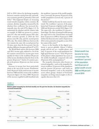 Global wealth has
become far more
concentrated. The
wealthiest 1 percent
of the population
had 32 percent of
global wealth around
2000 and 46 percent
around 2010
0.63 in 2010, driven by declining inequality
between countries arising from the extraordi-
nary economic growth in, primarily, China and
India.55
This happened despite an increasing
trend towards inequality within countries. By
contrast, absolute inequality, measured by the
absolute Gini coefficient, has increased dra-
matically since the mid-1970s (figure 1.3). To
understand the absolute and the relative, take
an example. In 2000 one person in a country
earns $1 a day and another person $10 a day.
With economic growth, in 2016 the first
person earns $8 a day, and the second person
$80 a day. The relative difference between the
two remains the same (the second person has
10 times more than the first person), but the
absolute difference has gone up from $7 to $72.
The World Bank reports that between 2008
and 2013 income gaps widened in 34 of the
83 countries monitored as income grew more
quickly for those in the wealthiest 60 percent
of the income distribution than for those in the
poorest 40 percent.56
And in 23 countries peo-
ple in the poorest 40 percent saw their income
decline.
Increases in income have been particularly
sharp at the top of the income distribution.
Some 46 percent of the total increase in income
between 1988 and 2011 went to the wealthiest
10 percent (figure 1.4). Since 2000, 50 percent
of the increase in global wealth benefited only
the wealthiest 1 percent of the world’s popula-
tion. Conversely, the poorest 50 percent of the
world’s population received only 1 percent of
the increase.57
Global wealth has become far more concen-
trated. The wealthiest 1 percent of the popu-
lation had 32 percent of global wealth around
2000 and 46 percent around 2010 (figure 1.5).
The super-rich­—­the wealthiest 0.1 percent­—­
loom larger. The share of national wealth among
the super-rich in the United States increased
from 12 percent in 1990 to 19 percent in 2008
(before the financial crisis) and to 22 percent in
2012 (critics pointed to inequality as one of the
key causes of the crisis).58
Access to the benefits of the digital revo-
lution is uneven globally. Almost 2  billion
people still do not use a mobile phone, and
only 15 percent of the world population has
high-speed Internet access.59
Some 89 percent
of the planet’s urban population has access to
3G mobile broadband, compared with only
29 percent of the rural population.60
The inequality discussion often focuses on
vertical inequality­—­such as the inequality be-
tween wealthiest 10 percent of the population
and the poorest 10  percent­—­and rarely on
horizontal inequality­—­such as the inequality
across ethnic groups. Analysis of horizontal
inequality can bring critical insights to the in-
equality discourse (box 1.3).
FIGURE 1.3
Relative global inequality has declined steadily over the past few decades, but absolute inequality has
increased dramatically
19851975
Relative
Absolute
20101995 2000 2005
0.75
0.70
0.65
0.60
0.55
Relative Gini coefﬁcient
8,000
6,000
4,000
2,000
0
Absolute Gini coefﬁcient
Source: Niño-Zarazúa, Roope and Tarp 2016.
Chapter 1  Human development­—­achievements, challenges and hopes | 31
 