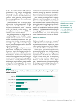 Globalization cannot
be rolled back, so
the challenge is to
ensure that it leaves
no one behind
in 2013, 453 million people­—­190 million of
them women­—­were working in global value
chains, up from 296  million in 1995.85
A
study of 40 countries, 13 of them developing
countries, found that trade generally favours
the poorest people because they spend more in
traded sectors.86
Globalization has been accelerated by the
technological revolution, particularly the dig-
ital revolution. Global trade in merchandise
and services amounted to almost $24 trillion
in 2014, up from $13 trillion in 2005.87
And
knowledge-intensive flows increased 1.3 times
faster than labour-intensive flows.88
But globalization has not delivered the ex-
pected shared prosperity. Unskilled workers
lost jobs in many economies, and manufactur-
ing jobs disappeared. Productivity may have
increased, but this did not always translate
into higher wages, and the inequality in pay
between unskilled and highly skilled labour has
widened considerably.89
People have struggled during the process of
globalization: Those who have recently crossed
the poverty line in developing countries face
vulnerable employment and informality, and
the traditional middle class in high-income
countries faces stagnant wages and reductions
in social services. This pattern is shaping global
social attitudes towards globalization: People
self-defined as part of the lower middle class and
working class feel less engaged by the concept
of global citizenship (figure 1.7). The causes
are invisible in indicators such as overall GDP
growth or progress out of poverty by extremely
poor people, yet the frustration can create polit-
ical and institutional instability if left addressed.
There seems to be a widespread view that glo-
balization is good for a small elite but not for the
broad masses of people.90
Even many academics
and policymakers who welcomed globalization
are revising their opinion. It was always thought
that globalization would not benefit everyone
but that the benefits would eventually outweigh
the losses.91
The backlash against globalization
is reshaping politics in various countries. But
it cannot be rolled back, so the challenge is to
ensure that globalization leaves no one behind.
People on the move
Millions of people are on the move because of
conflicts, disasters or a search for better econom-
ic opportunities. Conflicts, violence and human
rightsviolationshavepromptedmassivedisplace-
mentsofpeoplewithinoroutsidetheircountries.
At the end of 2015 more than 65  million
people worldwide had been forcibly displaced
(internally displaced persons, refugees and
asylumseekers)­—­the most since the Second
World War and more than the population
of France or the combined populations of
Australia, Canada and New Zealand (figure
1.8).92
Some 86 percent of them are hosted in
developing countries, making refugees less of a
burden on developed countries (box 1.5).93
FIGURE 1.7
People self-defined as part of the lower middle class and working class feel less engaged by the concept
of global citizenship
Upper class
Upper middle class
Lower middle class
Working class
Lower class
80.8%
77.9%
75.0%
74.4%
75.8%
(% strongly agree or agree with “I see myself as a world citizen”)
Note: Data are for 59 countries.
Source: Human Development Report Office estimates based on World Values Survey, wave 6, (www.worldvaluessurvey.org/wvs.jsp).
Chapter 1  Human development­—­achievements, challenges and hopes | 35
 