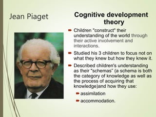 Jean Piaget Cognitive development
theory
 Children "construct" their
understanding of the world through
their active involvement and
interactions.
 Studied his 3 children to focus not on
what they knew but how they knew it.
 Described children's understanding
as their "schemas” (a schema is both
the category of knowledge as well as
the process of acquiring that
knowledge)and how they use:
assimilation
accommodation.
 