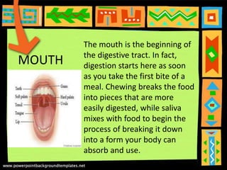 MOUTH
The mouth is the beginning of
the digestive tract. In fact,
digestion starts here as soon
as you take the first bite of a
meal. Chewing breaks the food
into pieces that are more
easily digested, while saliva
mixes with food to begin the
process of breaking it down
into a form your body can
absorb and use.
 