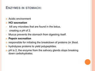 ENZYMES IN STOMACH:
 Acidic environment
 HCl secreation
 kill any microbes that are found in the bolus,
 creating a pH of 2.
 Mucus prevents the stomach from digesting itself.
 Pepsin secreation
 responsible for initiating the breakdown of proteins (in )food.
 hydrolyzes proteins to yield polypeptides.
 pH is 2, the enzyme from the salivary glands stops breaking
down carbohydrates.
 