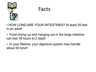 Facts
• HOW LONG ARE YOUR INTESTINES? At least 25 feet
in an adult!
• Food drying up and hanging out in the large intestine
can last 18 hours to 2 days!
• In your lifetime, your digestive system may handle
about 50 tons!!
 
