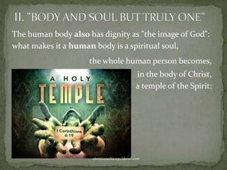 The human body also has dignity as "the image of God":
what makes it a human body is a spiritual soul,
the whole human person becomes,
in the body of Christ,
a temple of the Spirit:
christianethics30.iskewl.com
 