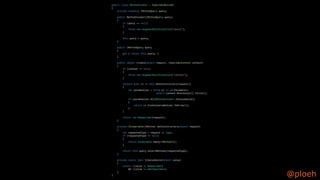 @ploeh
public class MethodInvoker : ISpecimenBuilder
{
private readonly IMethodQuery query;
public MethodInvoker(IMethodQuery query)
{
if (query == null)
{
throw new ArgumentNullException("query");
}
this.query = query;
}
public IMethodQuery Query
{
get { return this.query; }
}
public object Create(object request, ISpecimenContext context)
{
if (context == null)
{
throw new ArgumentNullException("context");
}
foreach (var ci in this.GetConstructors(request))
{
var paramValues = (from pi in ci.Parameters
select context.Resolve(pi)).ToList();
if (paramValues.All(MethodInvoker.IsValueValid))
{
return ci.Invoke(paramValues.ToArray());
}
}
return new NoSpecimen(request);
}
private IEnumerable<IMethod> GetConstructors(object request)
{
var requestedType = request as Type;
if (requestedType == null)
{
return Enumerable.Empty<IMethod>();
}
return this.query.SelectMethods(requestedType);
}
private static bool IsValueValid(object value)
{
return !(value is NoSpecimen)
&& !(value is OmitSpecimen);
}
}
 