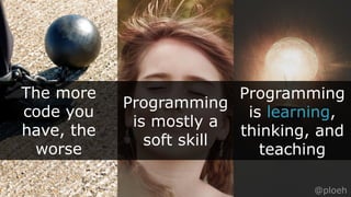 @ploeh
The more
code you
have, the
worse
Programming
is mostly a
soft skill
Programming
is learning,
thinking, and
teaching
@ploeh
 